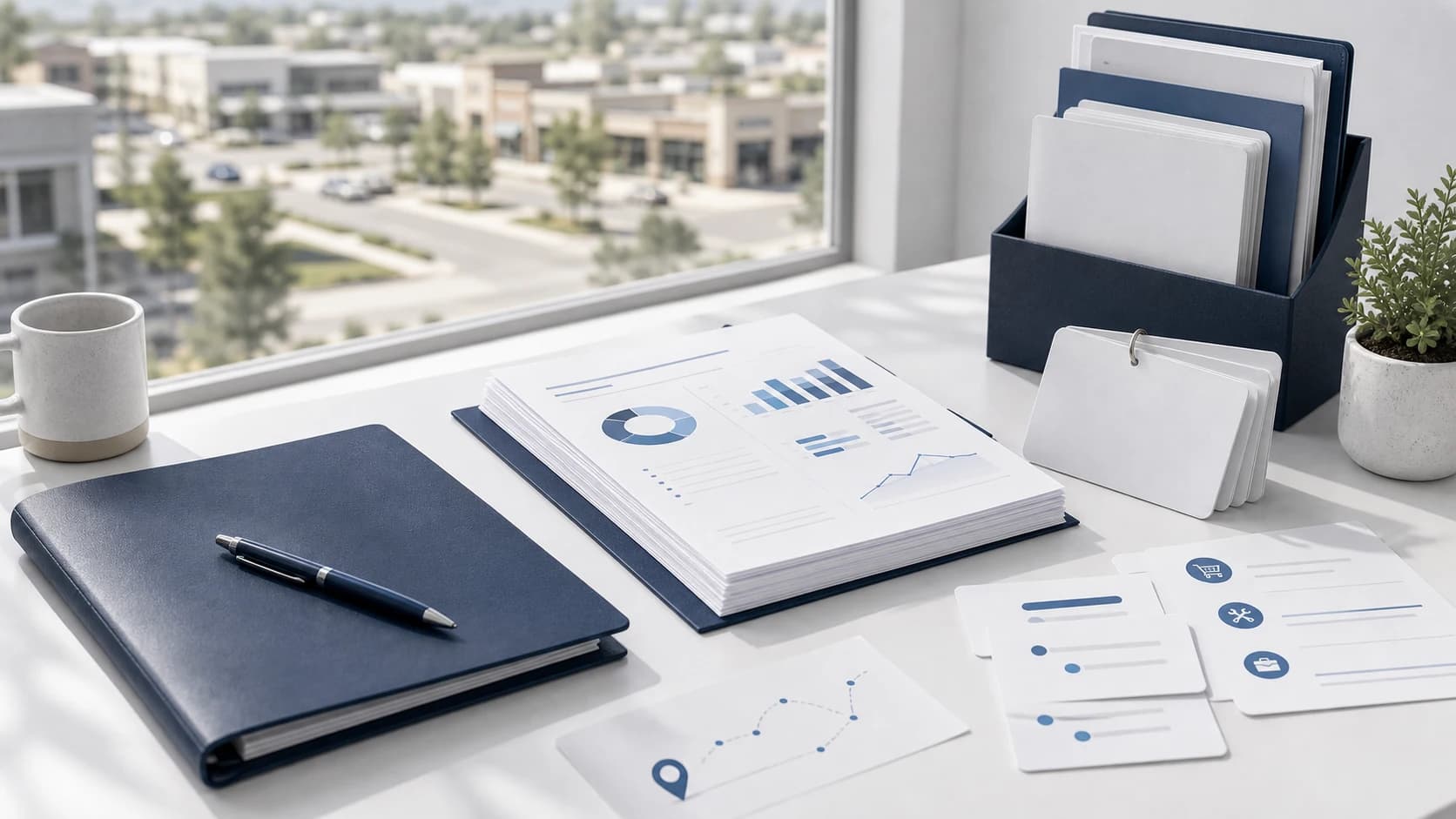 Ammon small-business bookkeeping workspace with deposit cards and report packets by a bright window