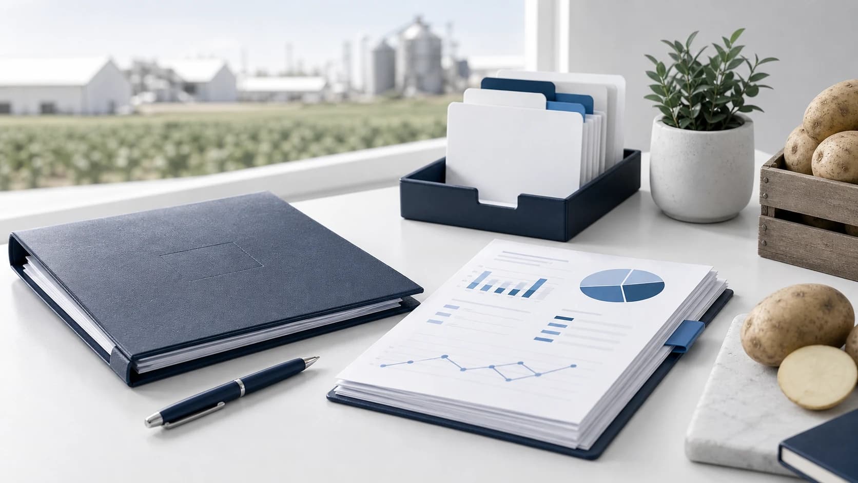 Blackfoot bookkeeping workspace with inventory reports, ledger folder, and potato country cues