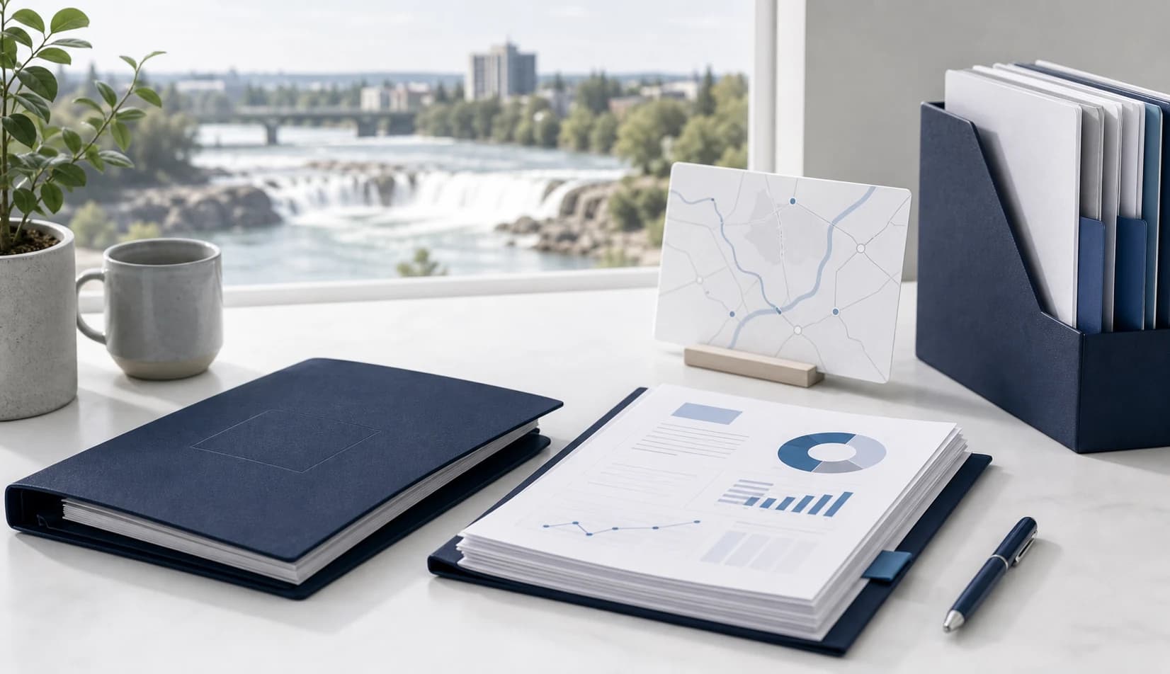 Idaho Falls bookkeeping workspace with report packets and a soft river view through the window