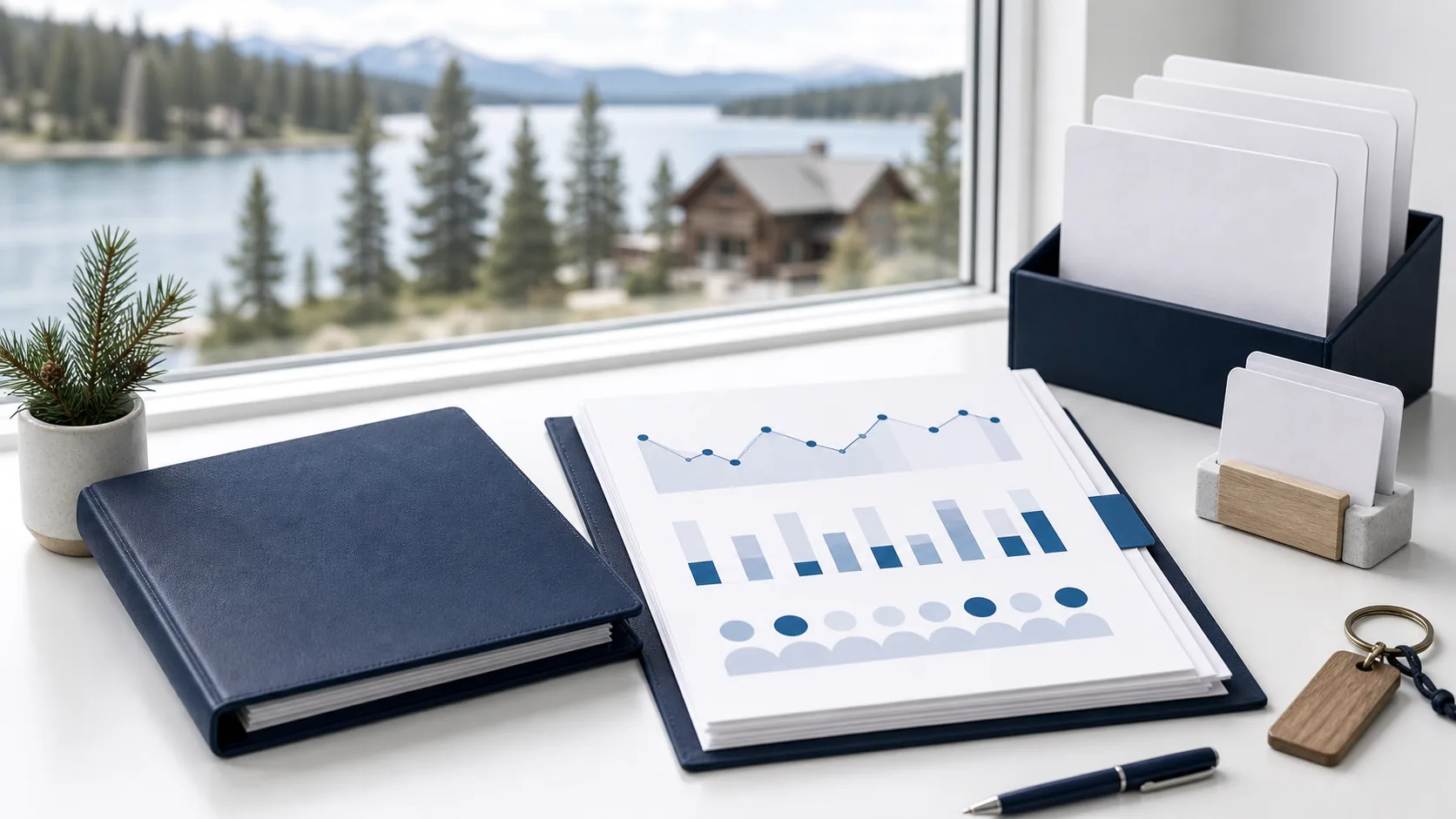 Island Park bookkeeping workspace with report packets, navy folders, and a soft lake and pine forest view