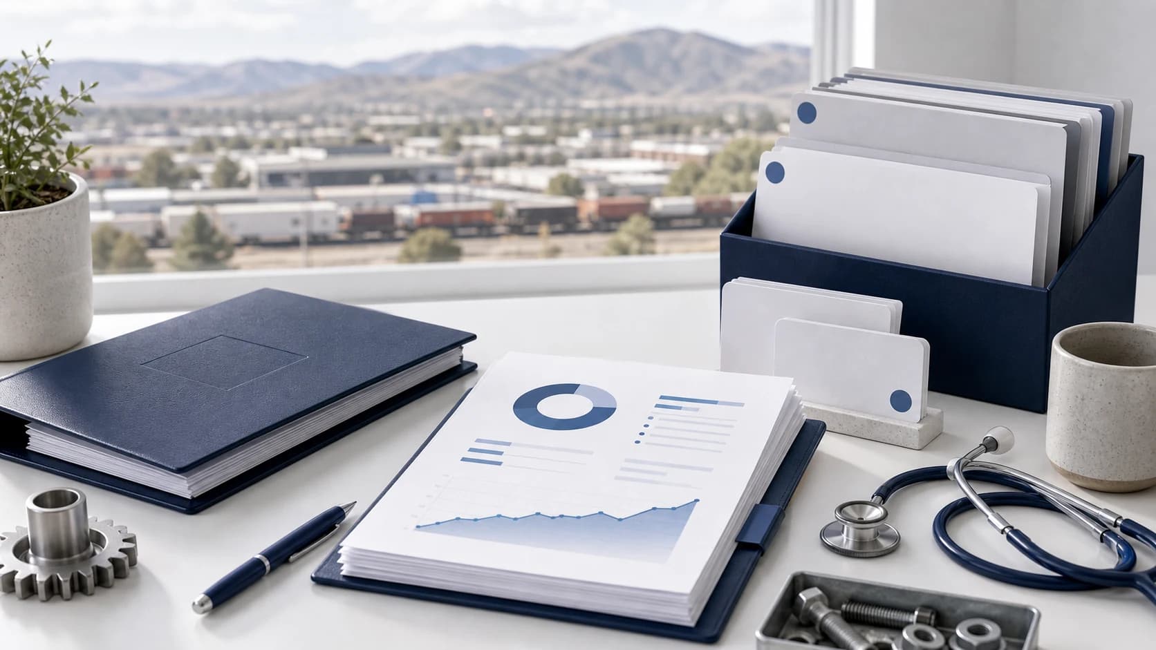 Pocatello bookkeeping workspace with reports, folders, and mixed local business cues by the window