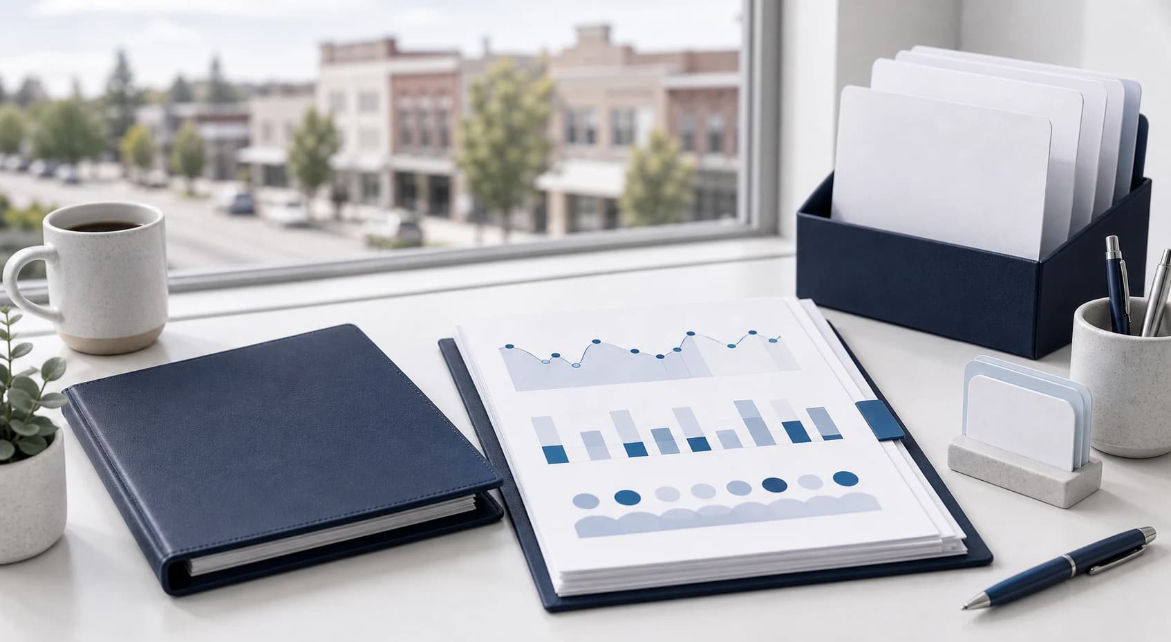 Rexburg bookkeeping workspace with semester rhythm report cards and a soft main street view