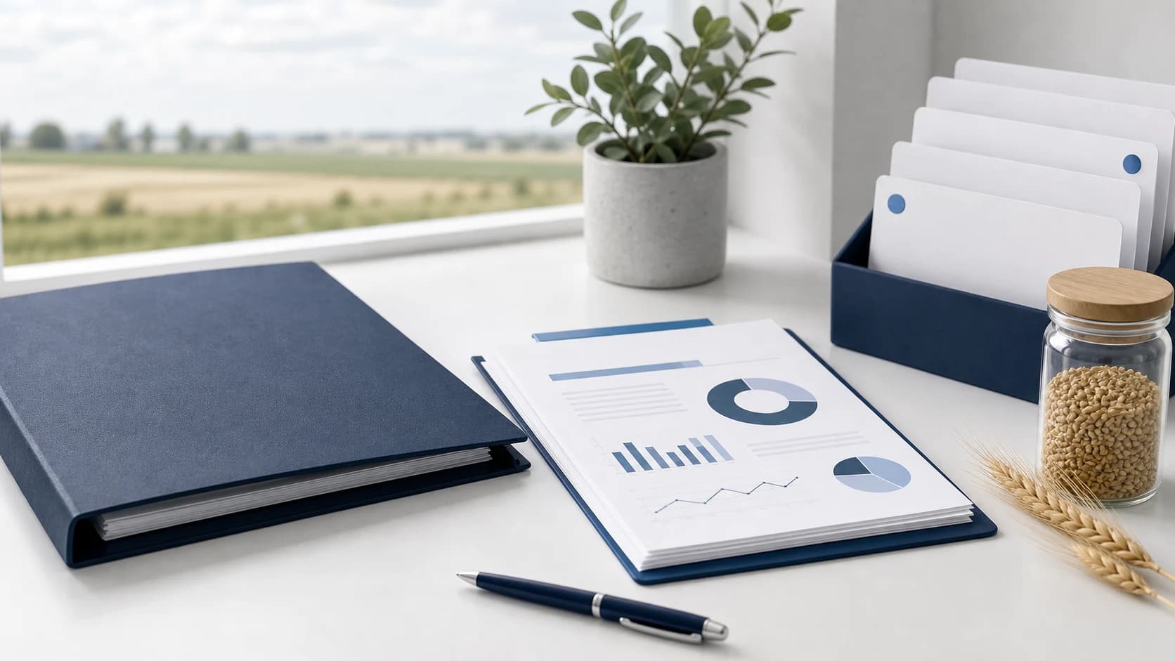 Rigby bookkeeping workspace with seasonal reports, ledger folder, and a grain cue near farm fields
