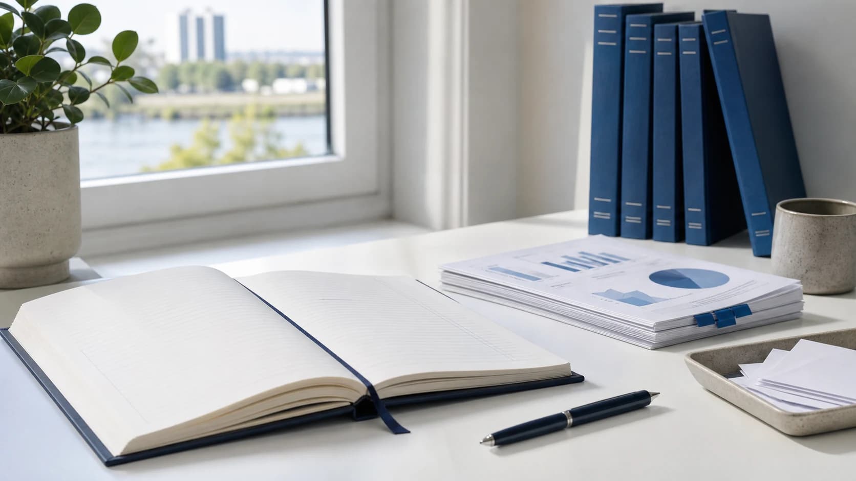 Founder-led bookkeeping workspace with ledgers, report packets, and blue books on a bright desk