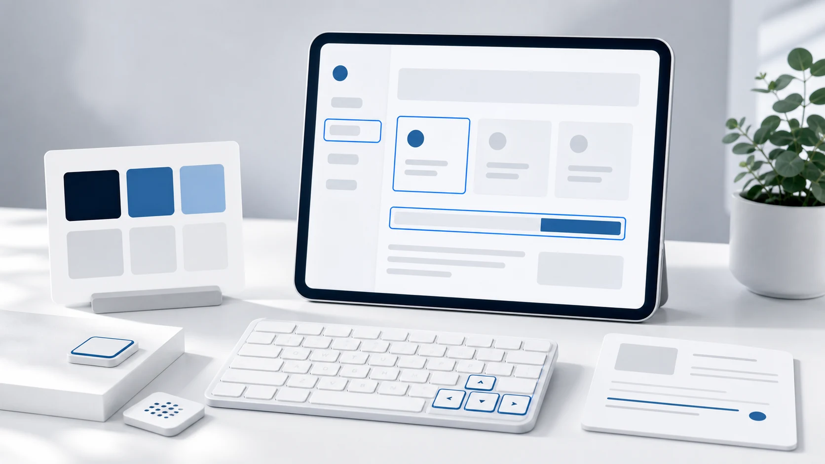 Accessible interface panel, focus outlines, contrast swatches, and document card on a bright desk