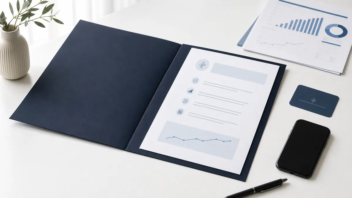 Prepared bookkeeping health check folder, report packet, and phone on a bright desk