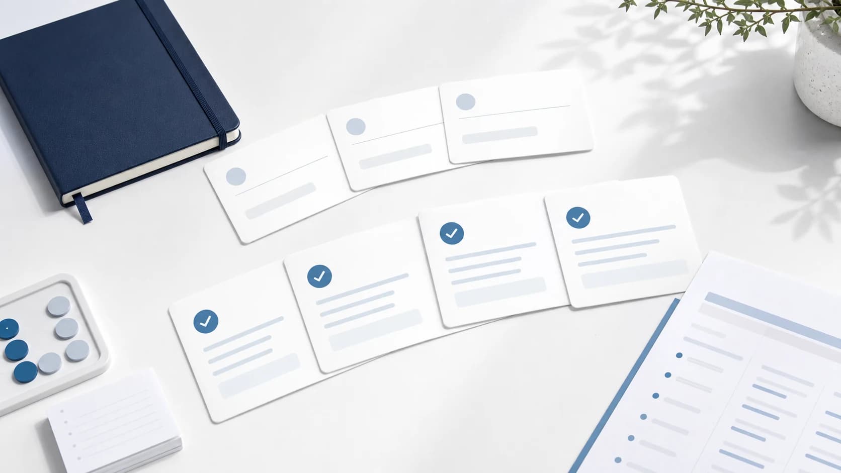 Blank question and answer cards organized with blue dots on a bright desk