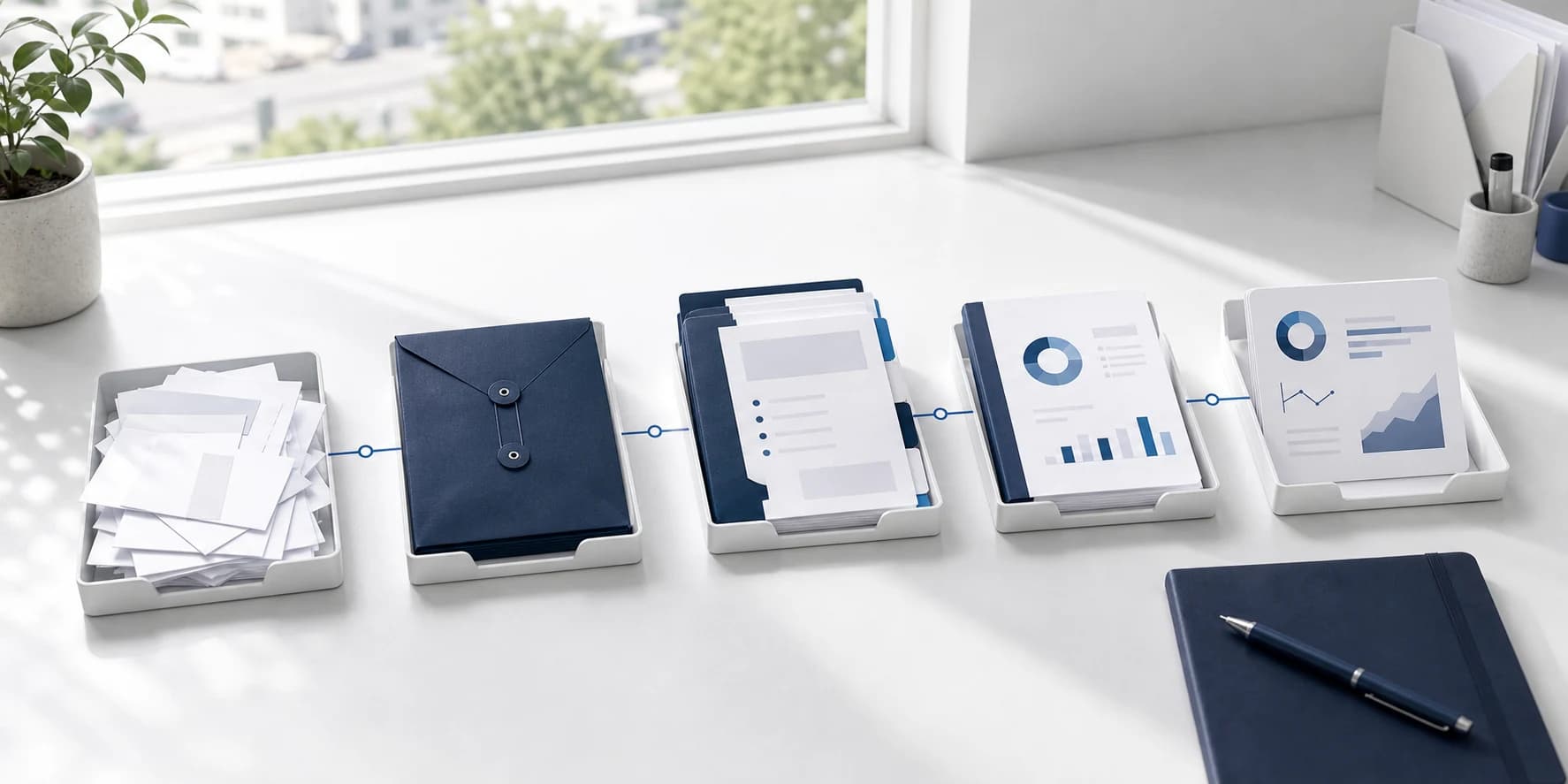 Five tidy document stages showing a bookkeeping workflow from intake to owner report