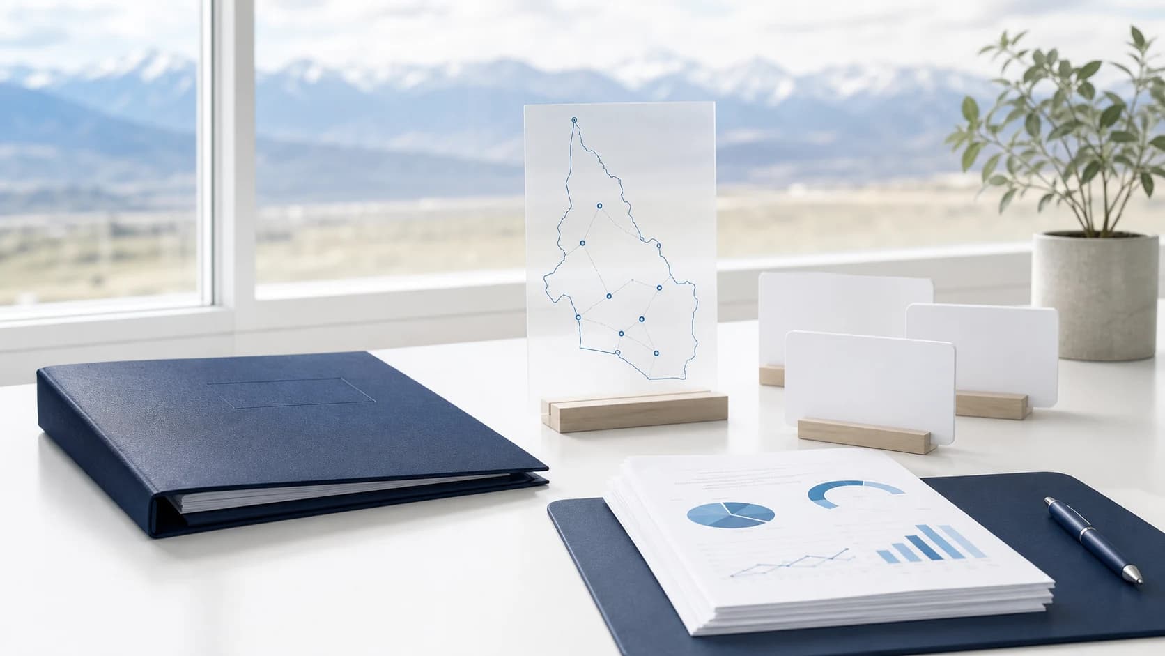 Idaho bookkeeping home base workspace with a map card, folders, and mountain view