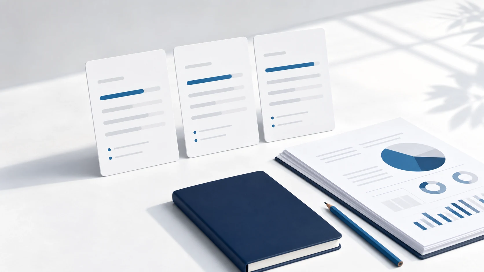 Blank quote cards, a navy notebook, and clean financial report pages arranged on a white desk