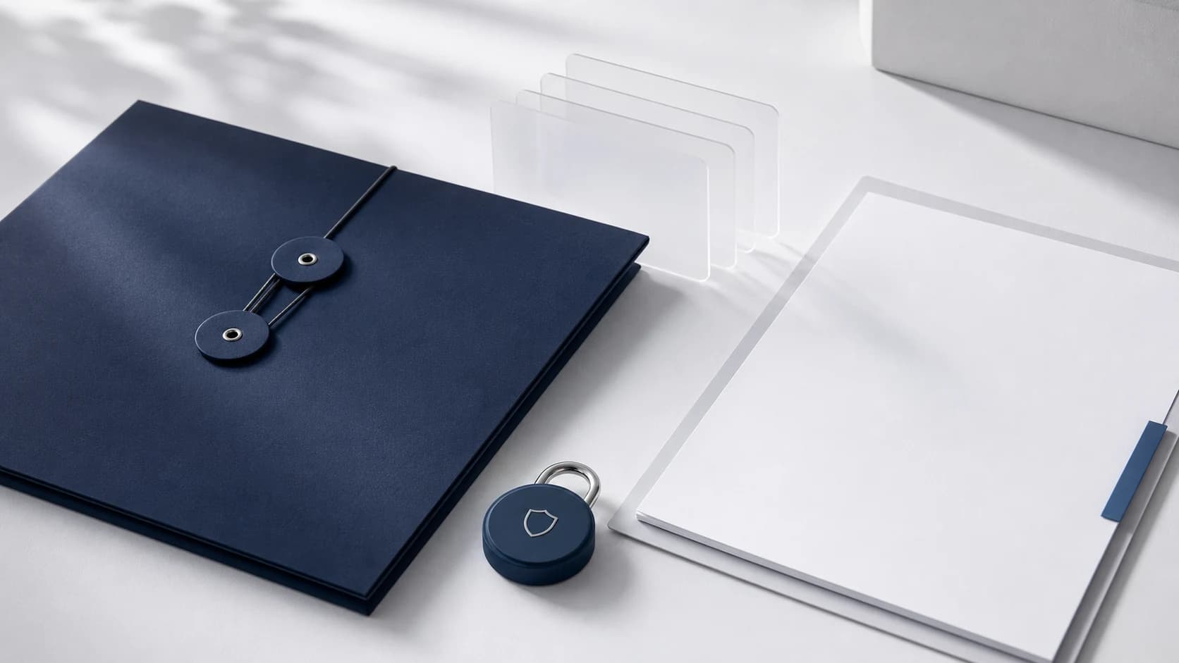 Sealed client file, lock token, and blank document cards on a bright white desk