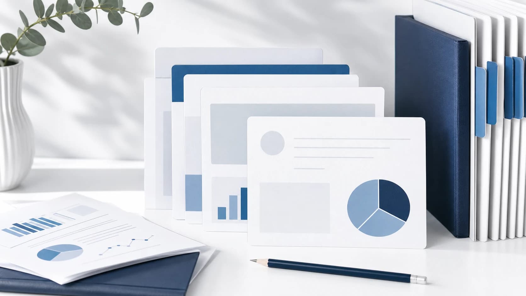 Curated bookkeeping guide cards, report pages, and binders on a bright white desk