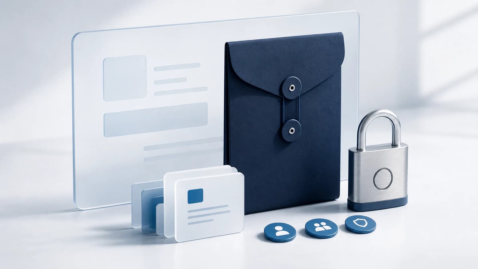 Secure document sleeve, lock, and portal cards on a clean white surface