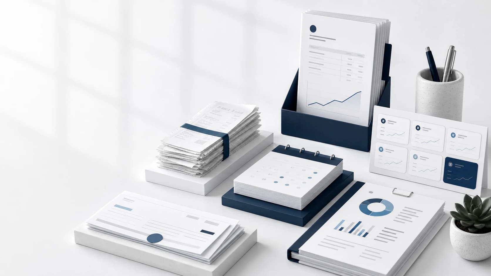 Organized bookkeeping service packets, report cards, and ledger tools on a bright white desk