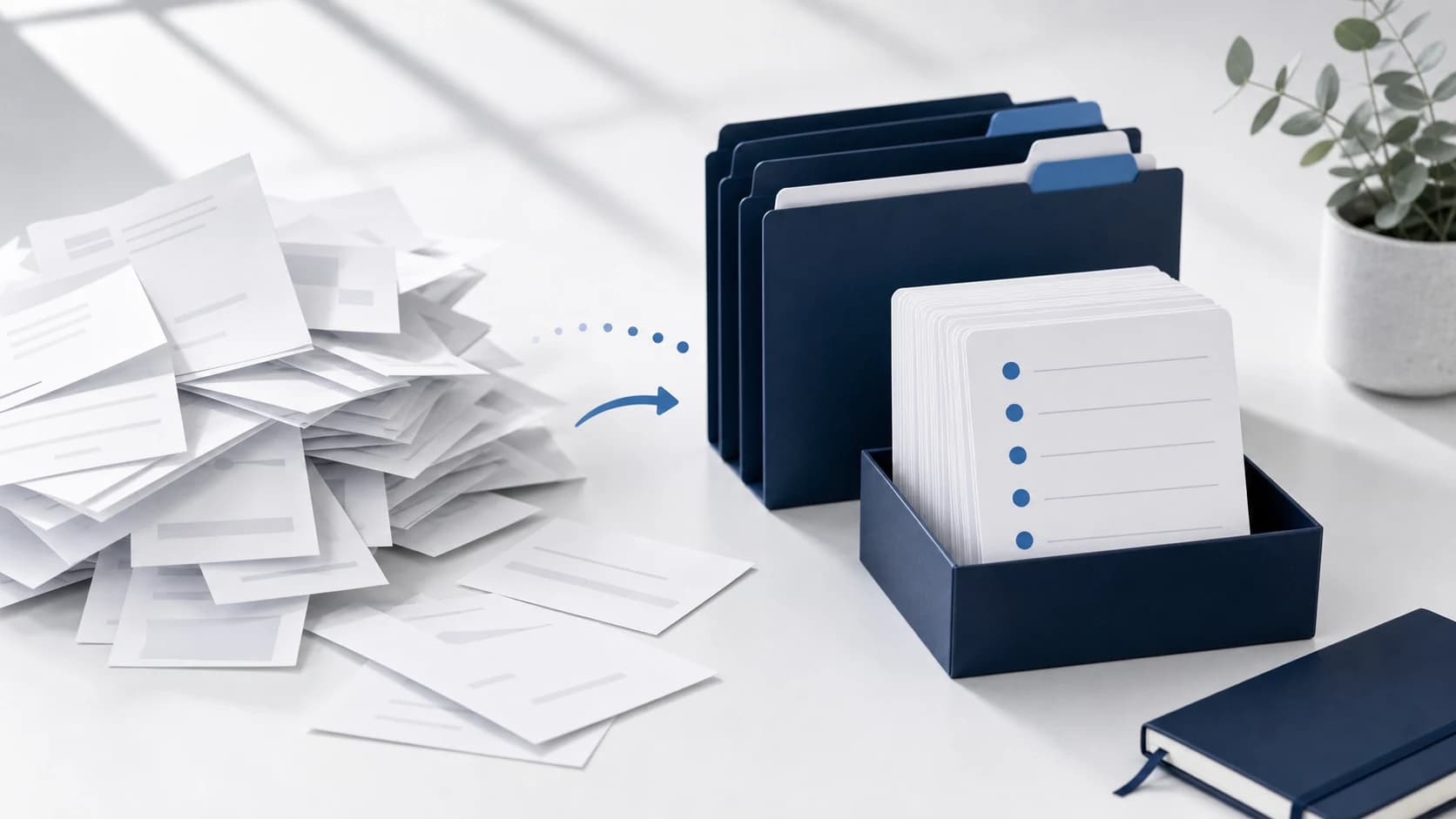 Loose blank papers being organized into navy folders and clean checklist cards