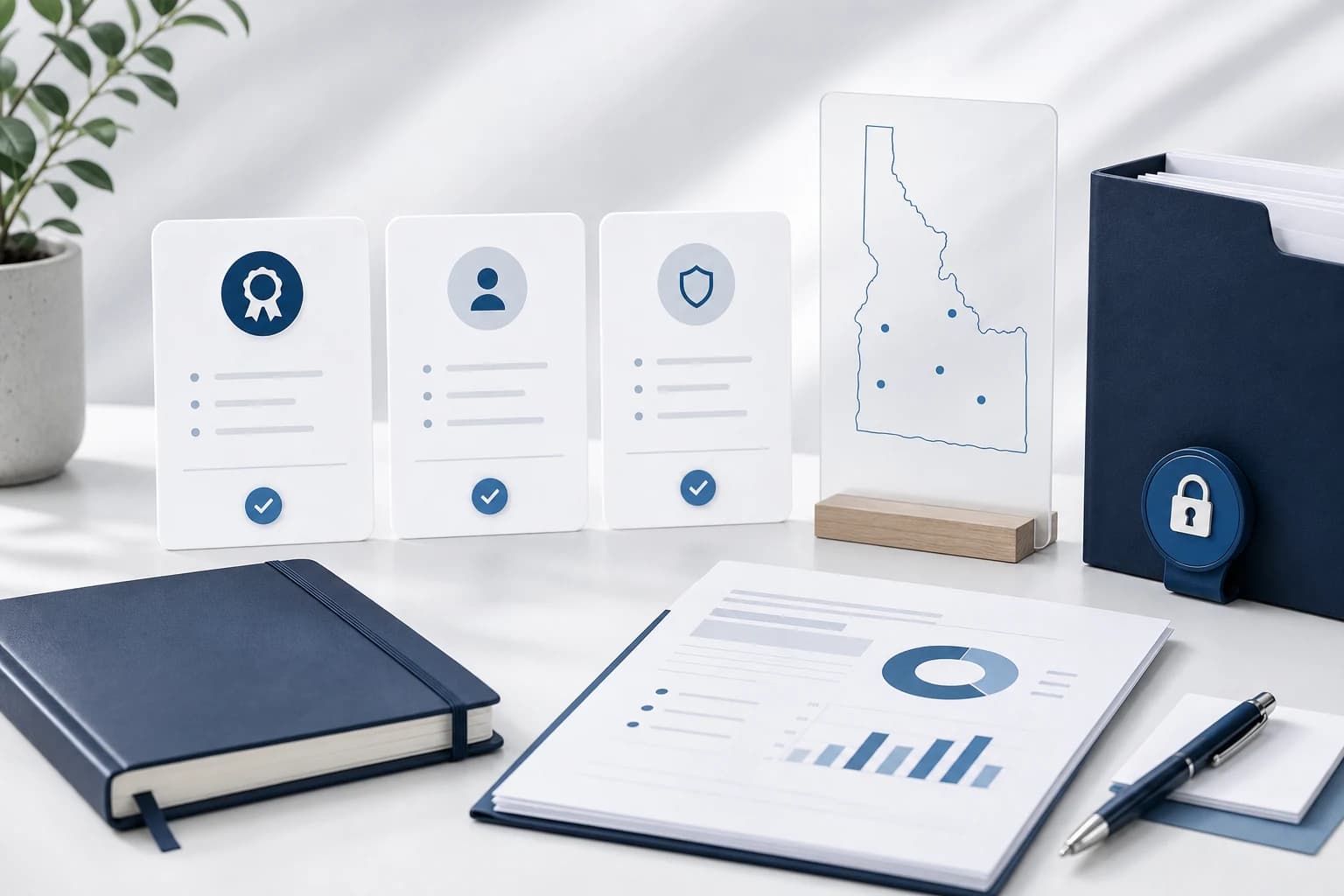 Bookkeeper evaluation cards, secure folder, and local map card arranged on a bright desk