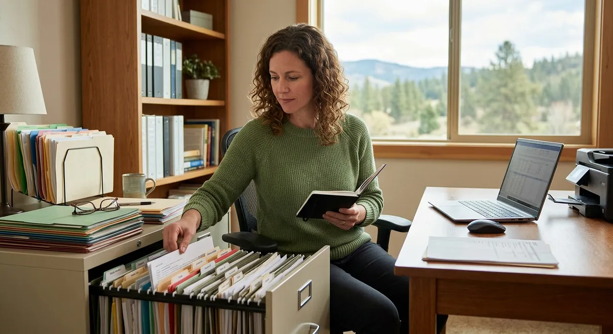 Paper and digital business records arranged in a consistent filing system