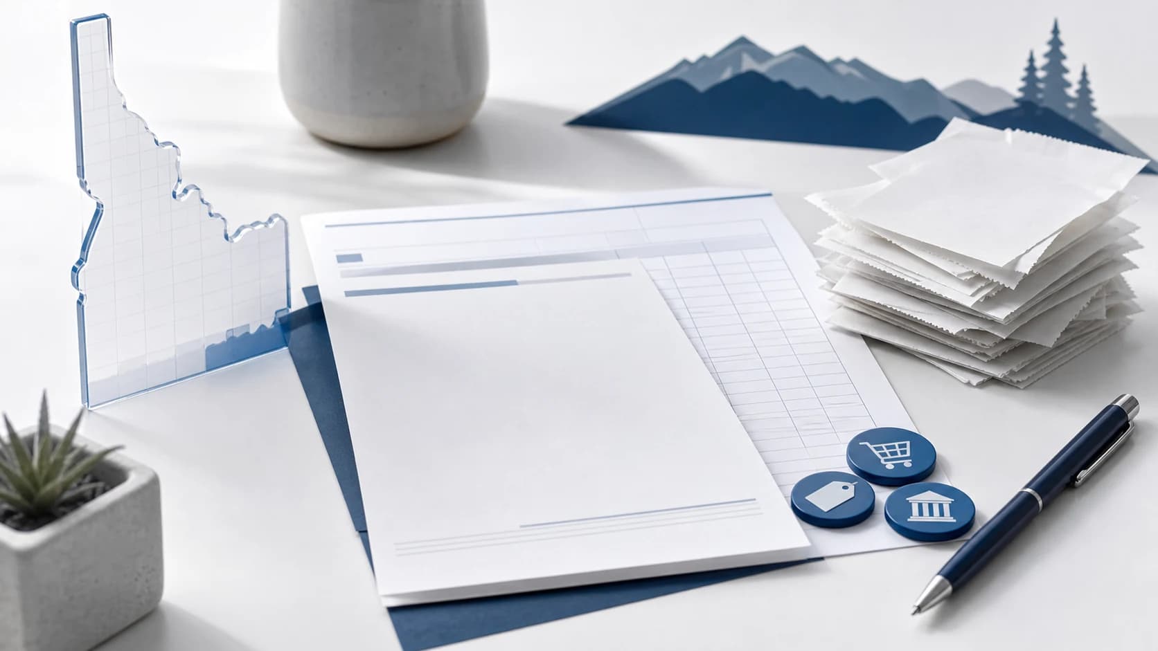 Idaho sales tax guide workspace with blank filing packet, receipt stack, and blue tax tokens
