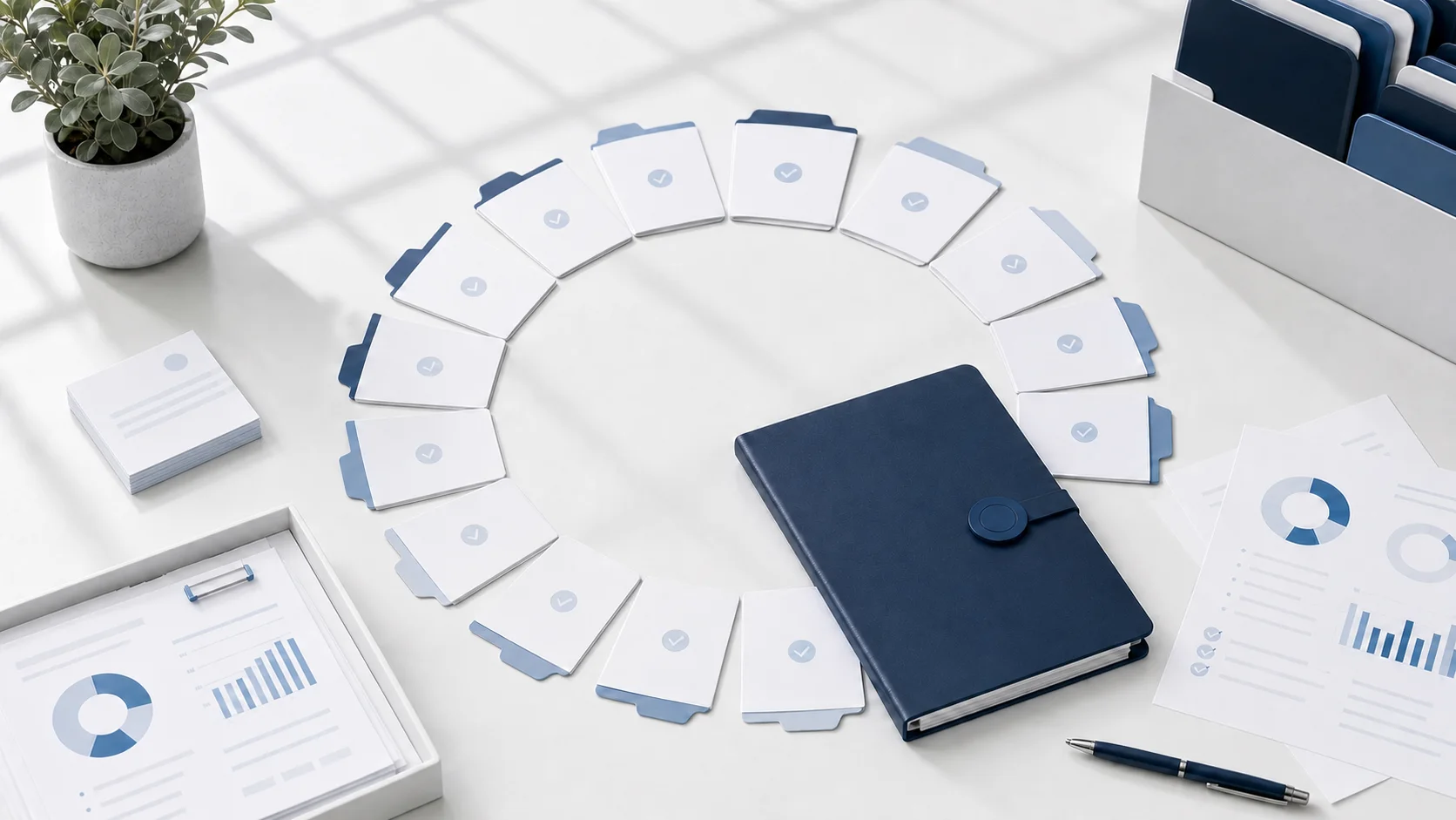 Twelve monthly bookkeeping cards arranged in a cycle beside a closed navy report folder and reconciled statements