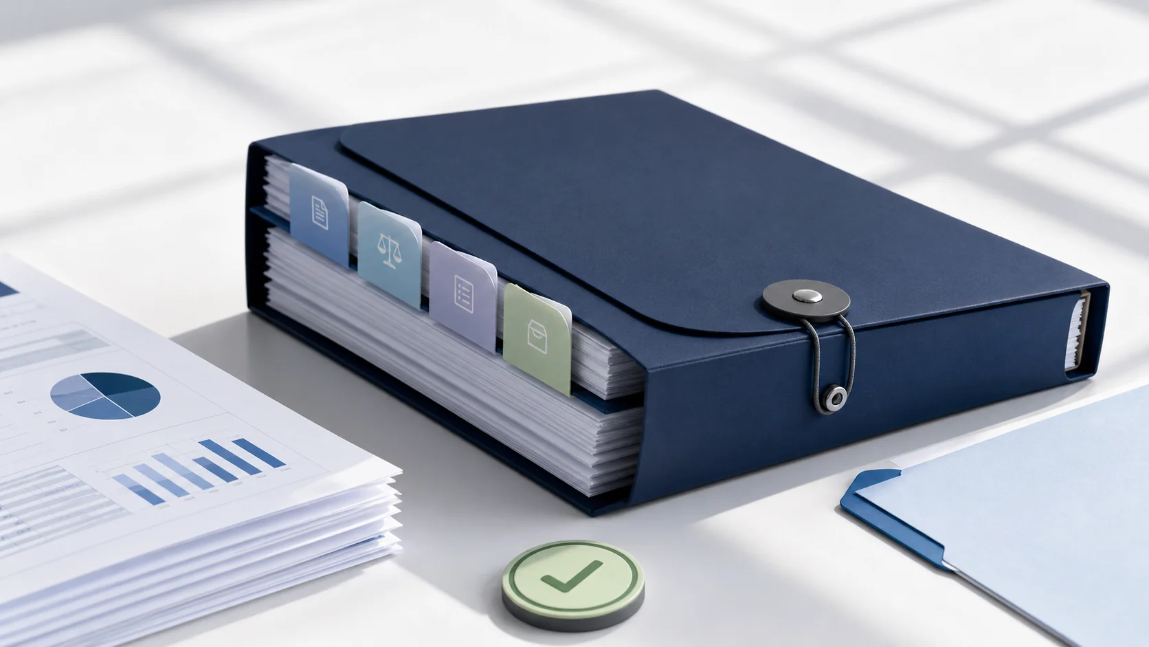 Reviewed monthly records stored in a closed navy archive folder with an approval marker