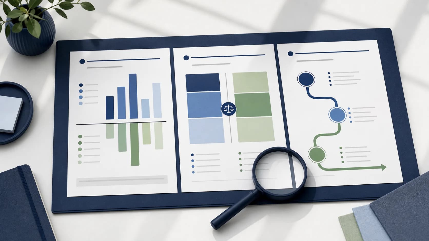 Profit and loss, balance sheet, and cash-flow reports arranged together for review