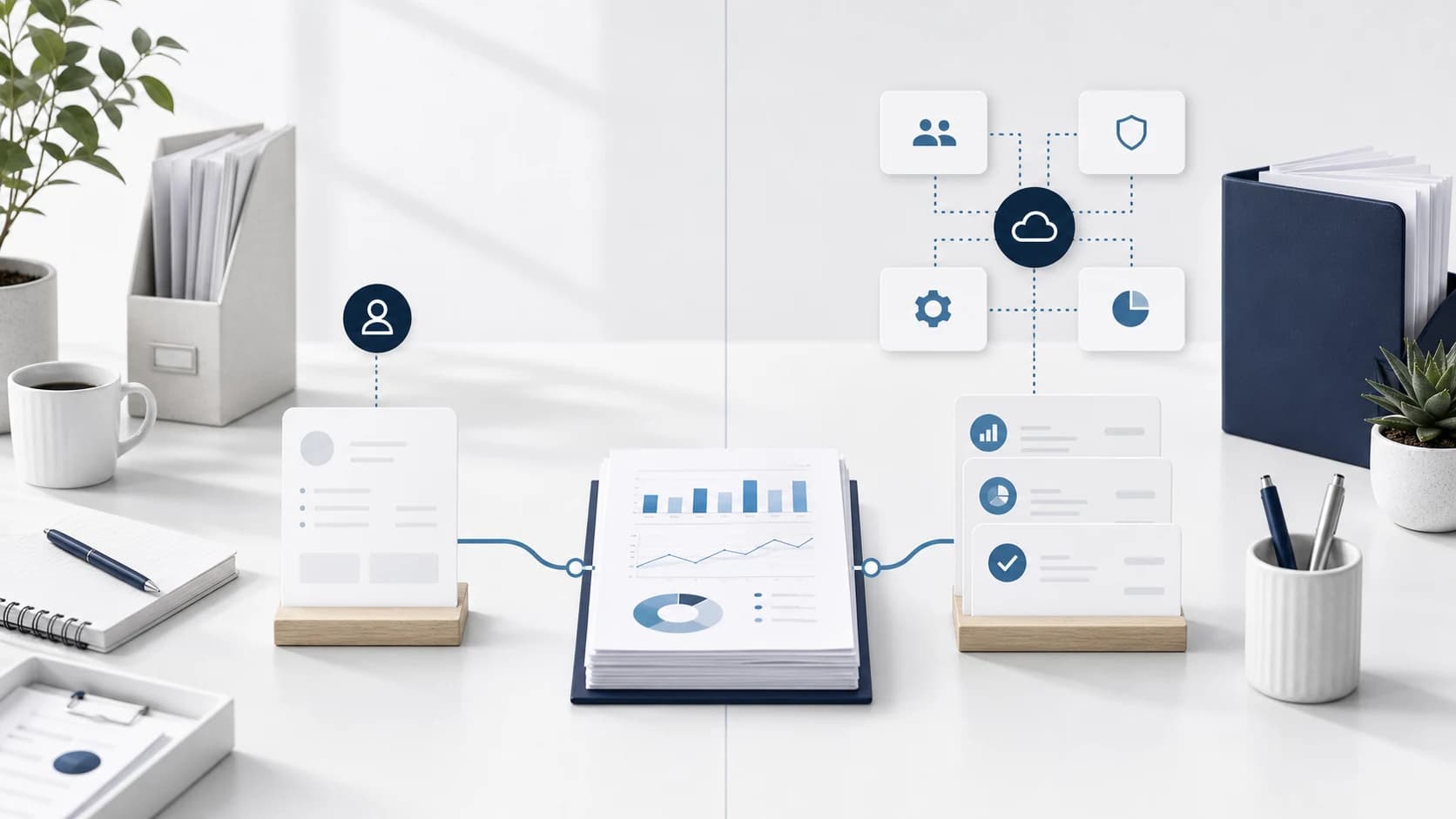 Split bookkeeping workspace comparing internal and outsourced systems with connected report cards