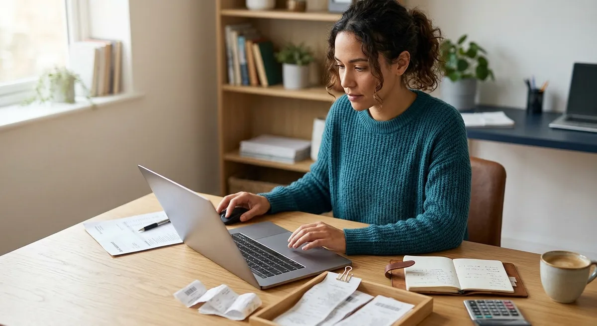 Monthly bookkeeping review with receipts, account records, and a reconciliation checklist