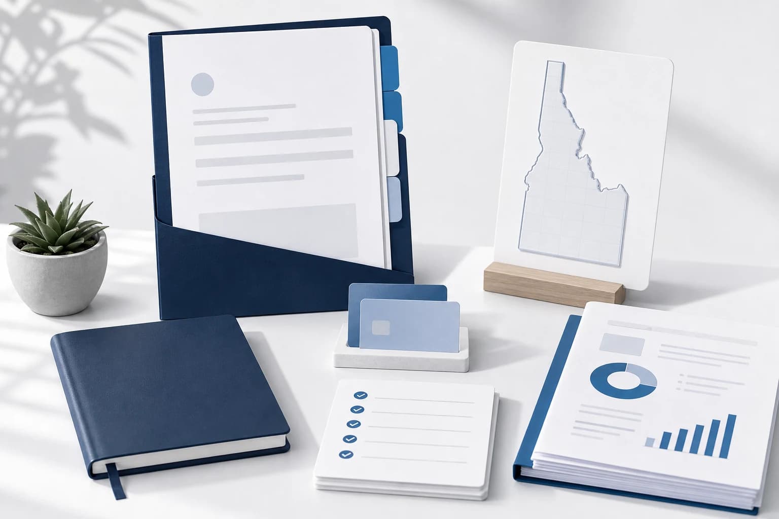 New Idaho business setup kit with blank folders, cards, ledger notebook, and blue tabs