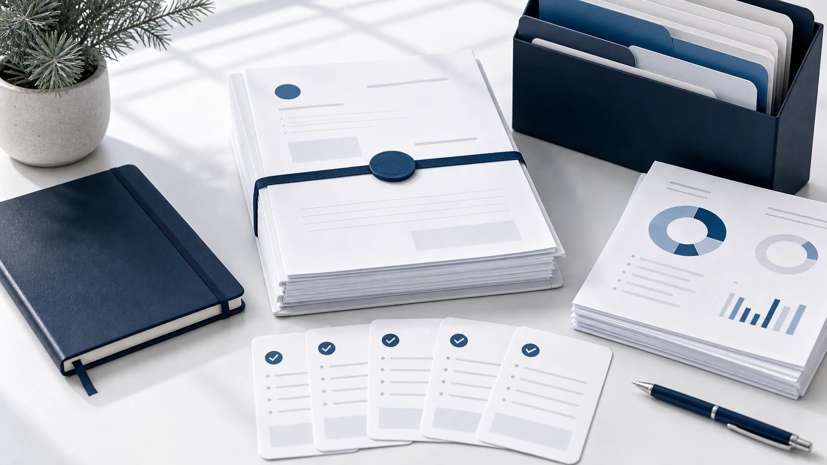 Year-end bookkeeping packet tied with a blue band beside organized folders and reports