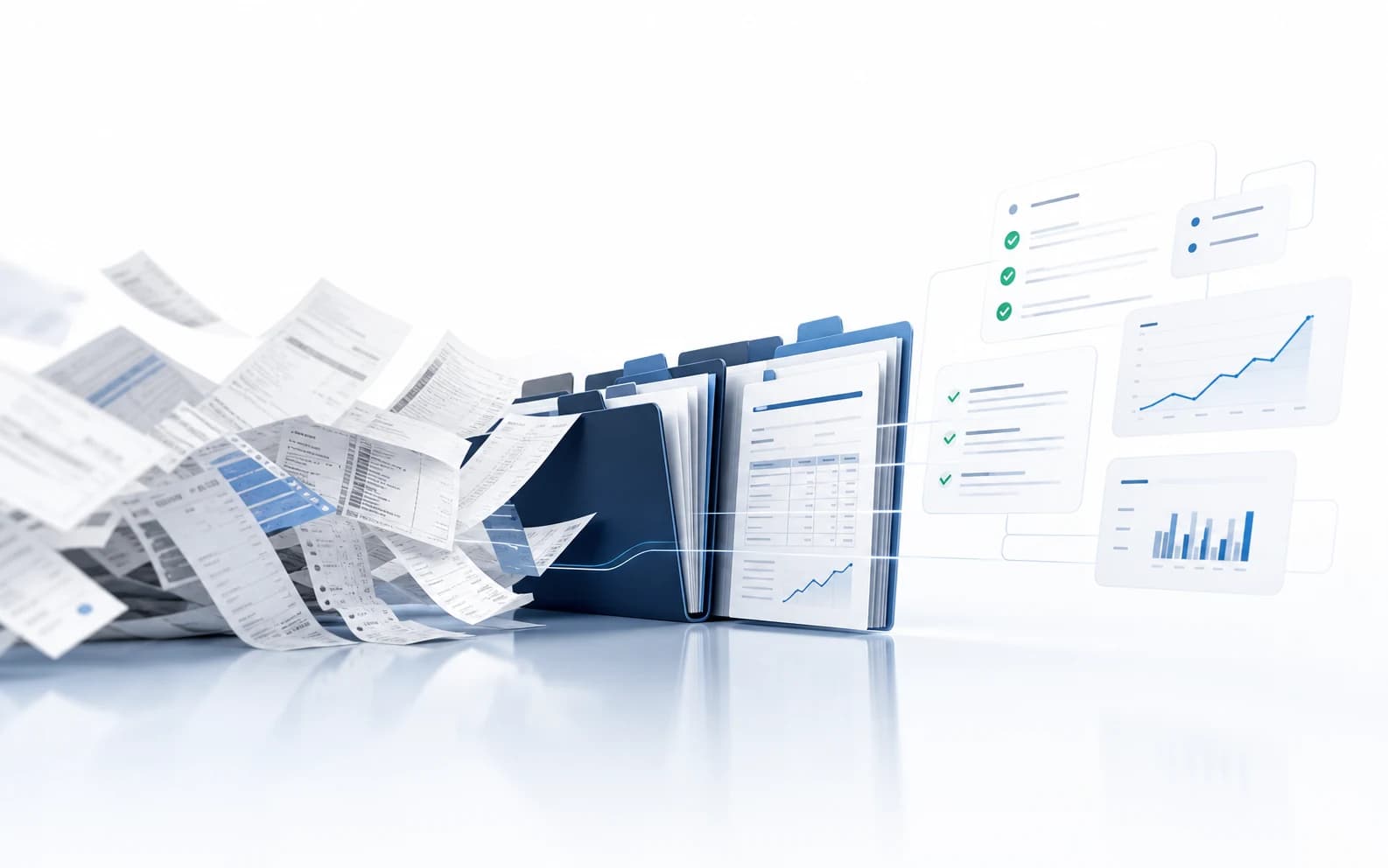Messy receipts becoming organized bookkeeping folders and clean reconciliation cards