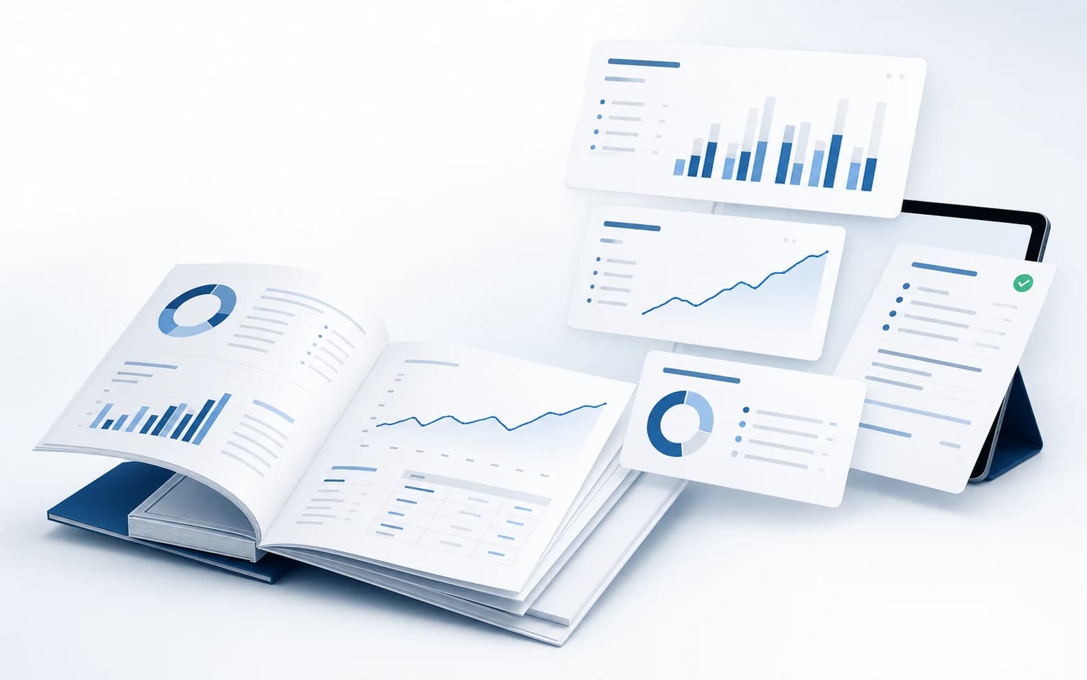 Open financial report packet with floating charts and owner summary cards