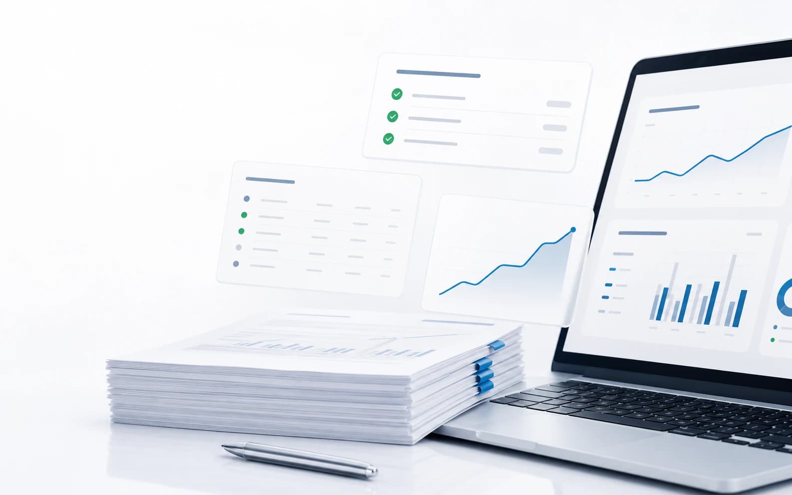 Clean monthly bookkeeping reports, charts, and reconciled cards in a white workspace