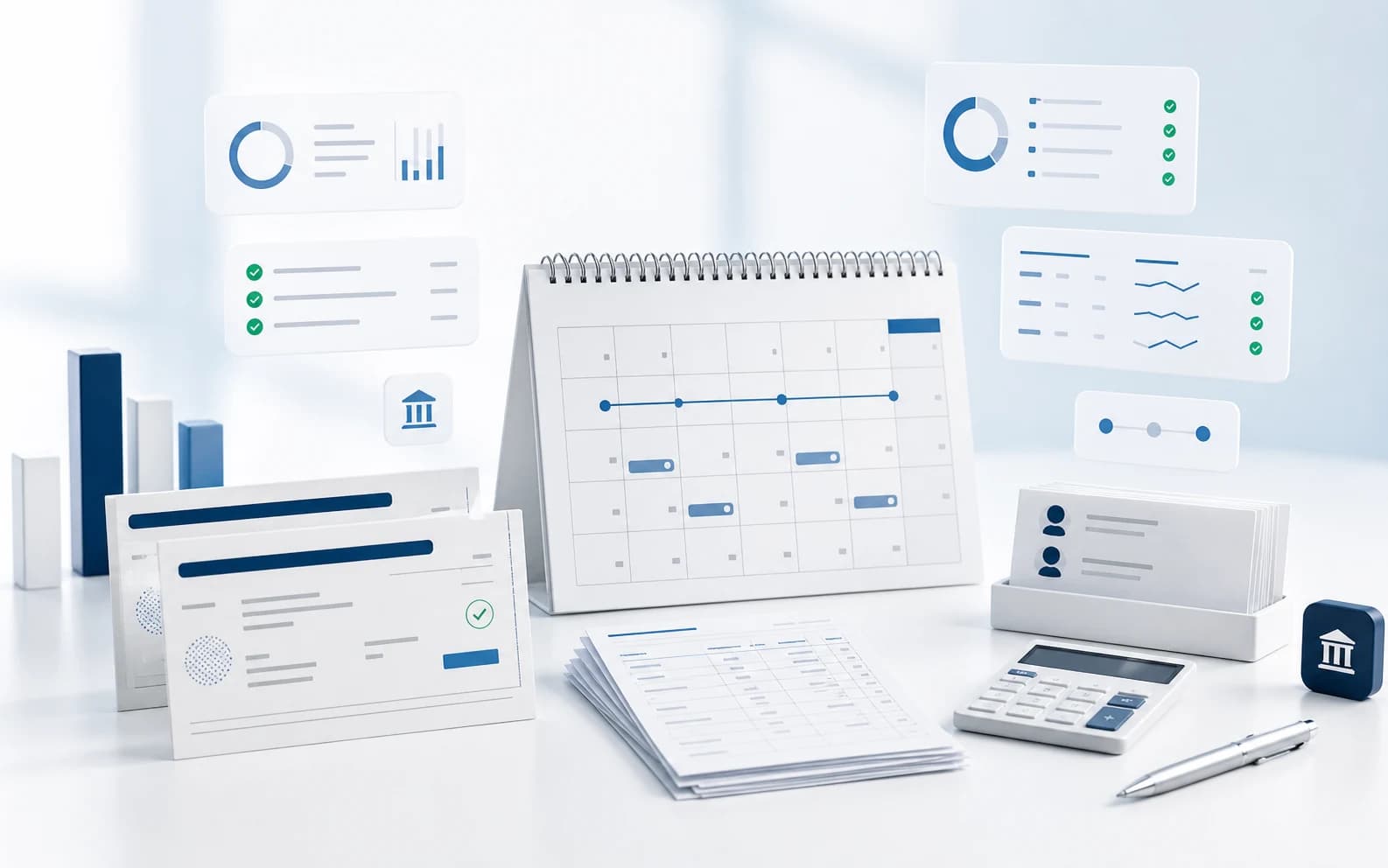 Payroll calendar, paystub cards, and reconciled payroll panels in a clean white workspace