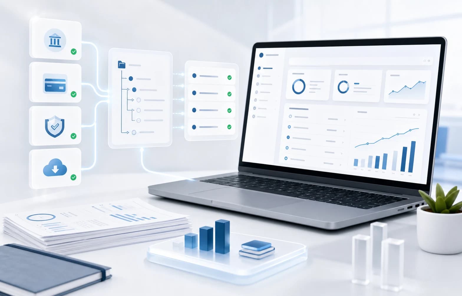 Connected bookkeeping dashboard, account cards, and chart-of-accounts setup in a white workspace