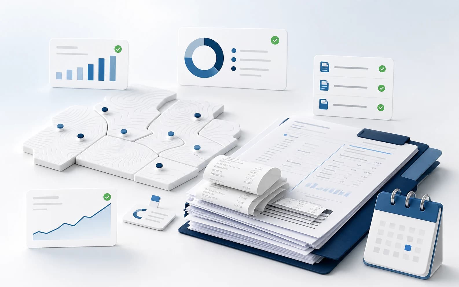 Sales tax filing packet, abstract location tiles, receipts, and tax-ready UI panels