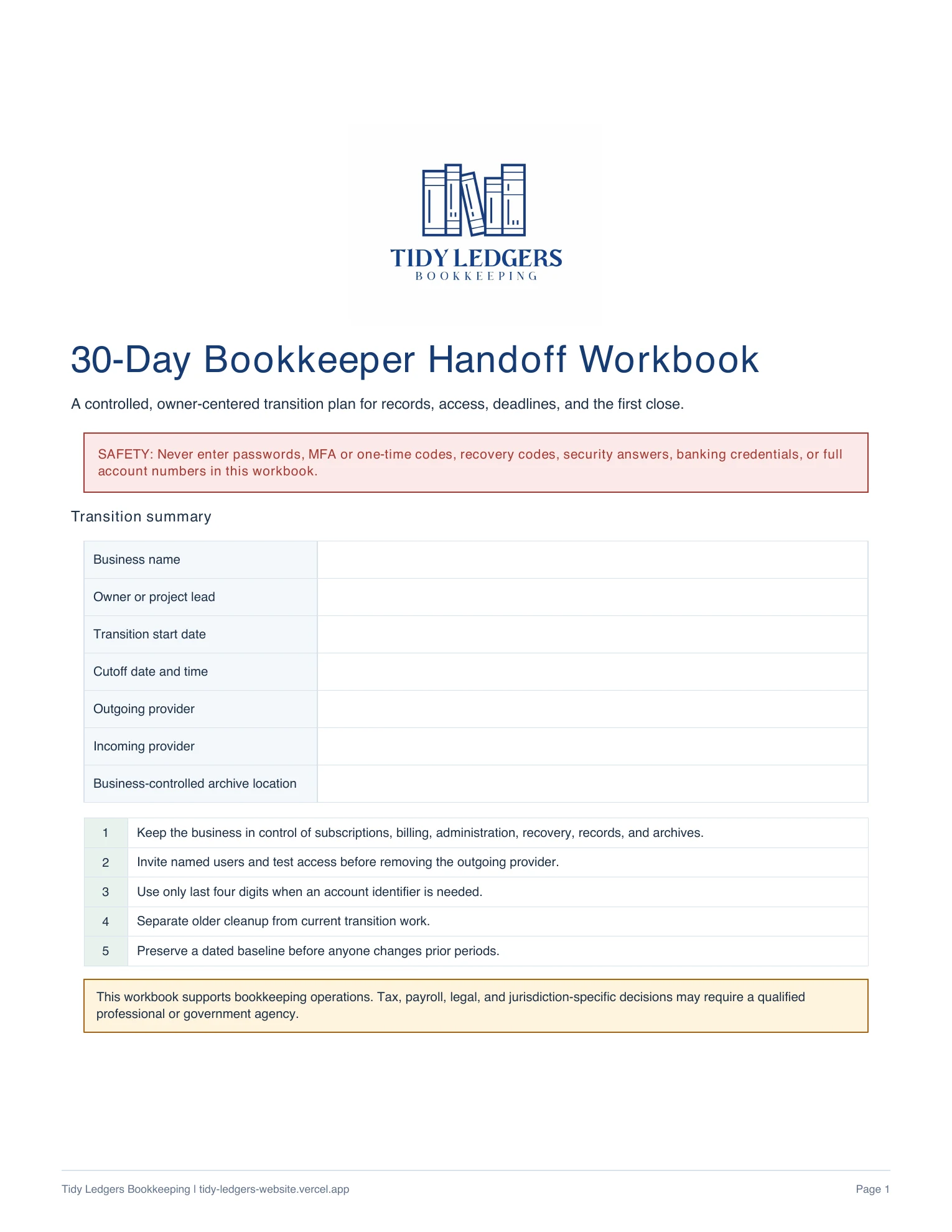Page 1 of the 30-Day Bookkeeper Handoff Workbook PDF
