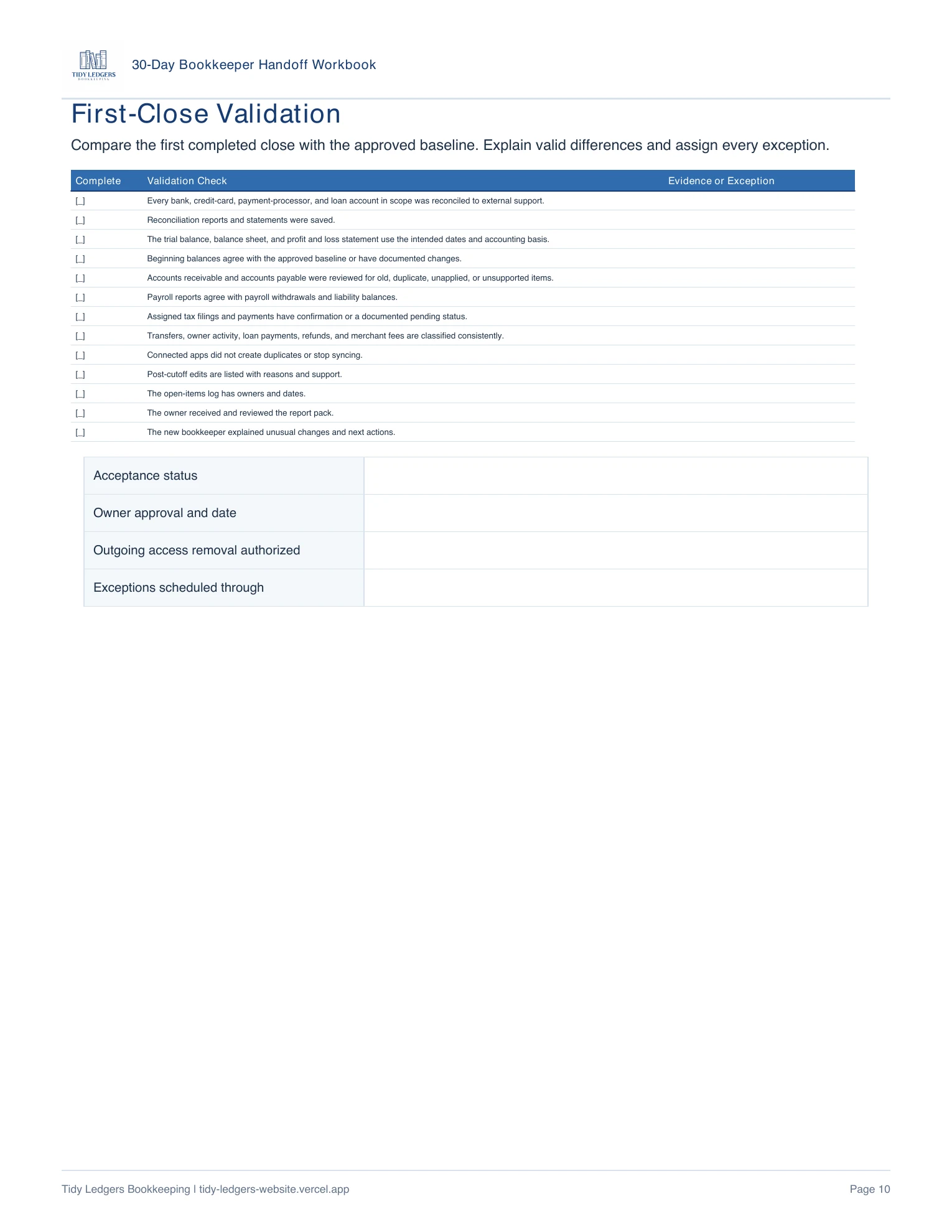 Page 10 of the 30-Day Bookkeeper Handoff Workbook PDF