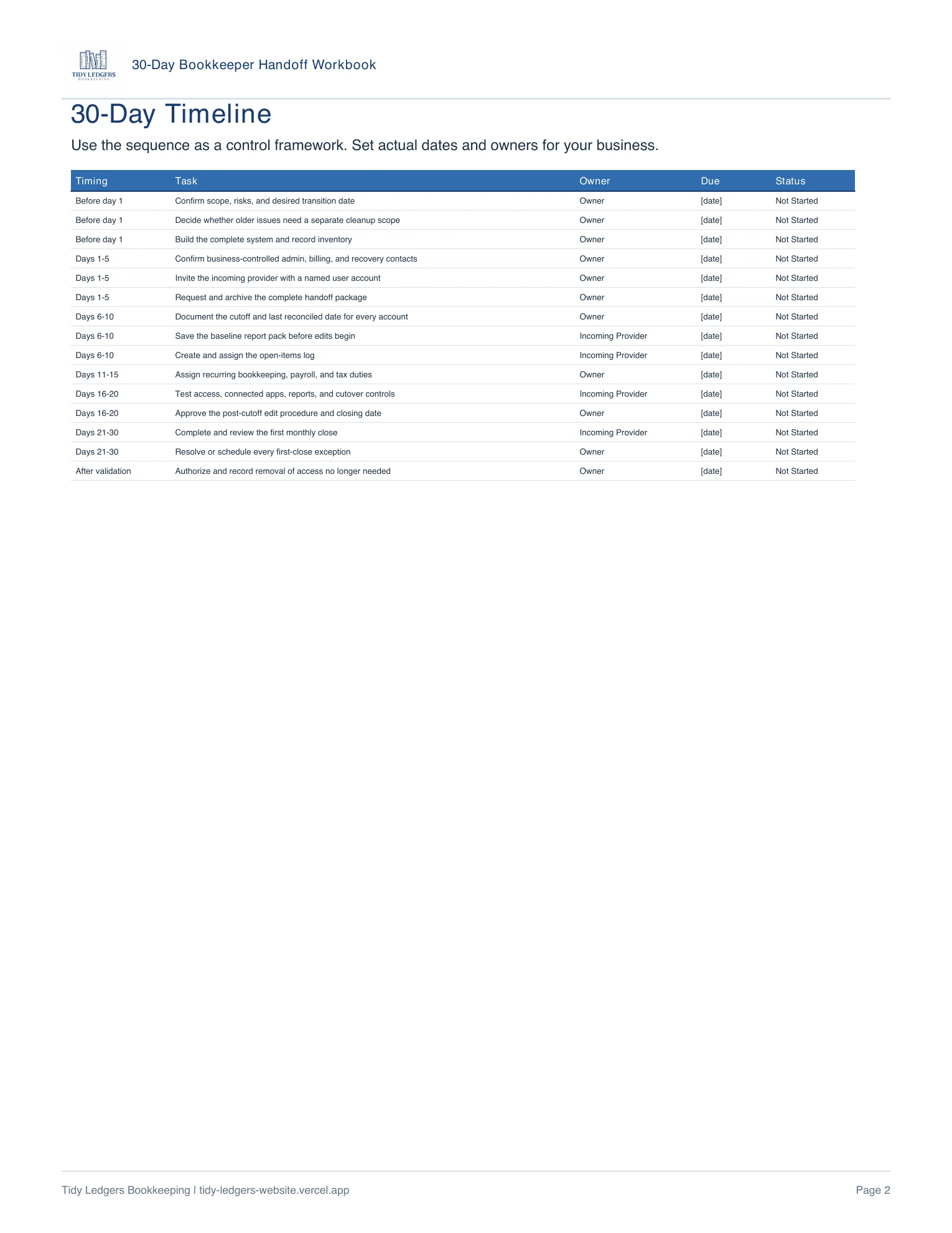 Page 2 of the 30-Day Bookkeeper Handoff Workbook PDF