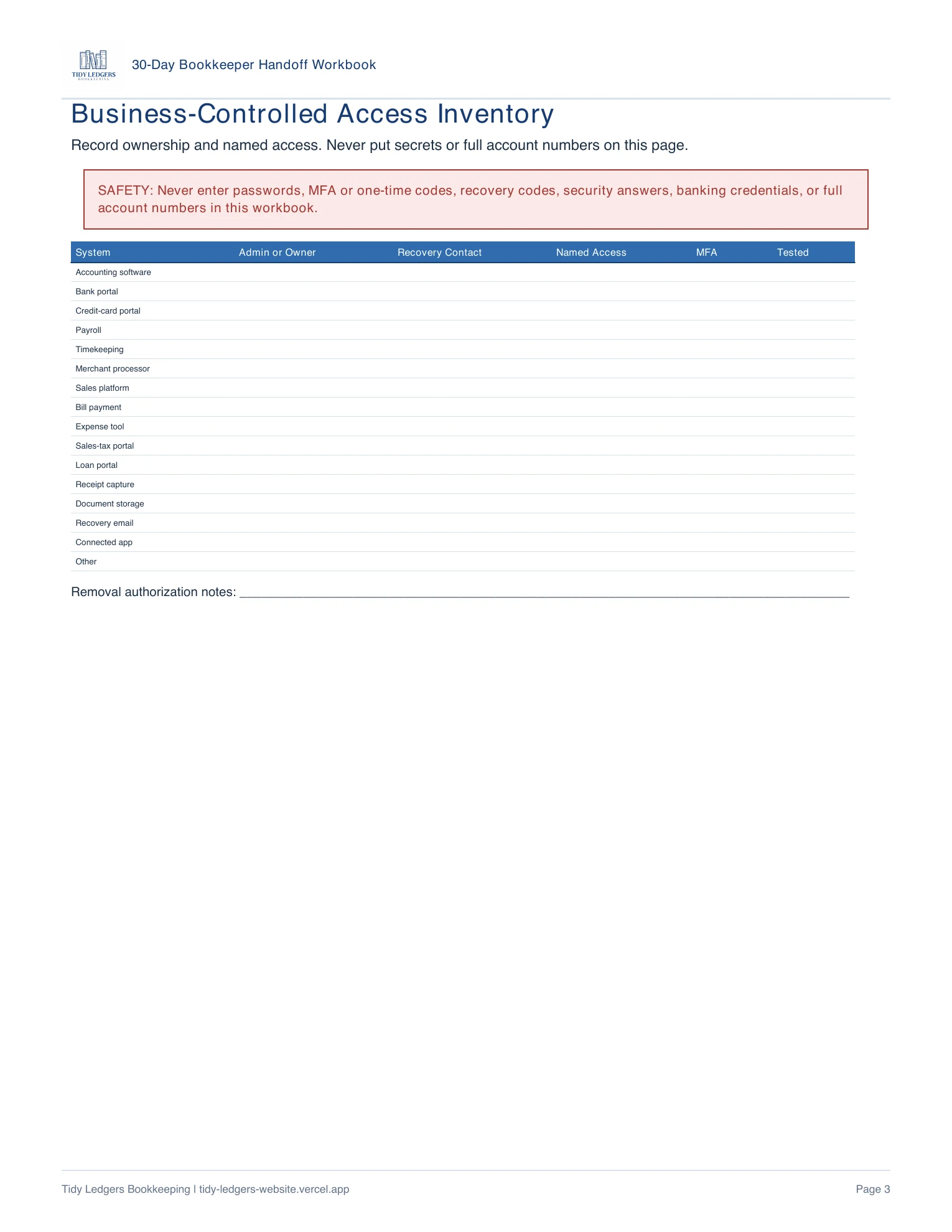 Page 3 of the 30-Day Bookkeeper Handoff Workbook PDF