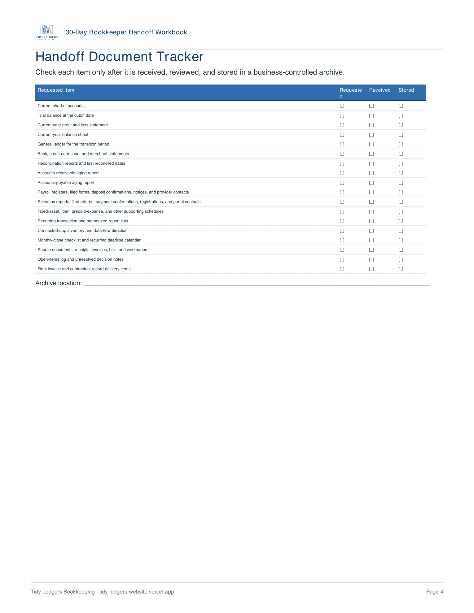 Page 4 of the 30-Day Bookkeeper Handoff Workbook PDF