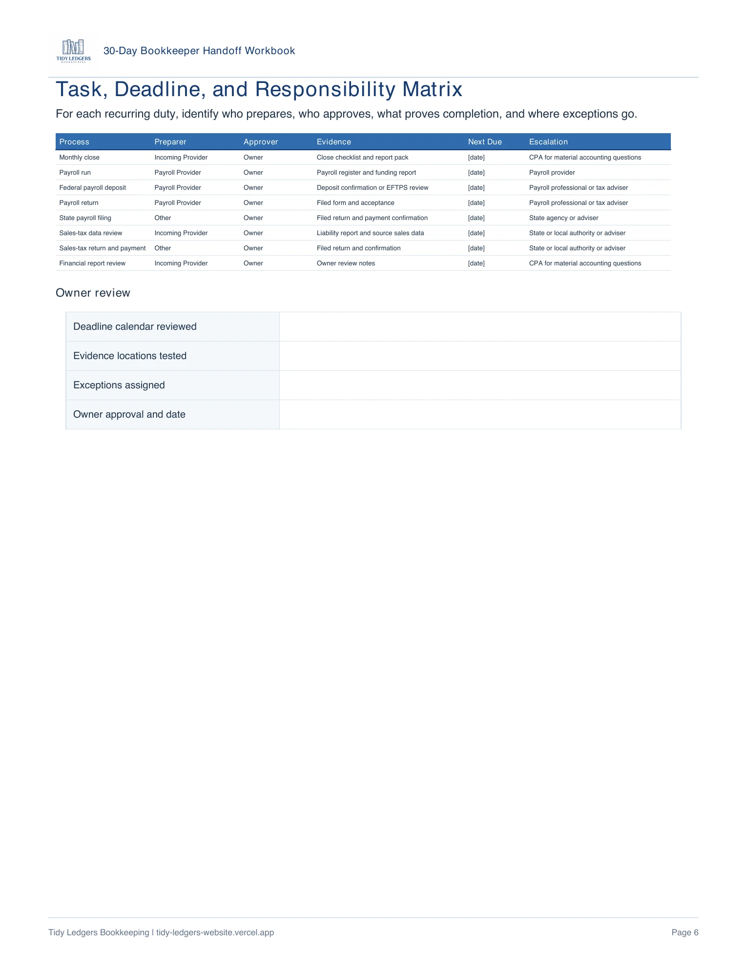 Page 6 of the 30-Day Bookkeeper Handoff Workbook PDF