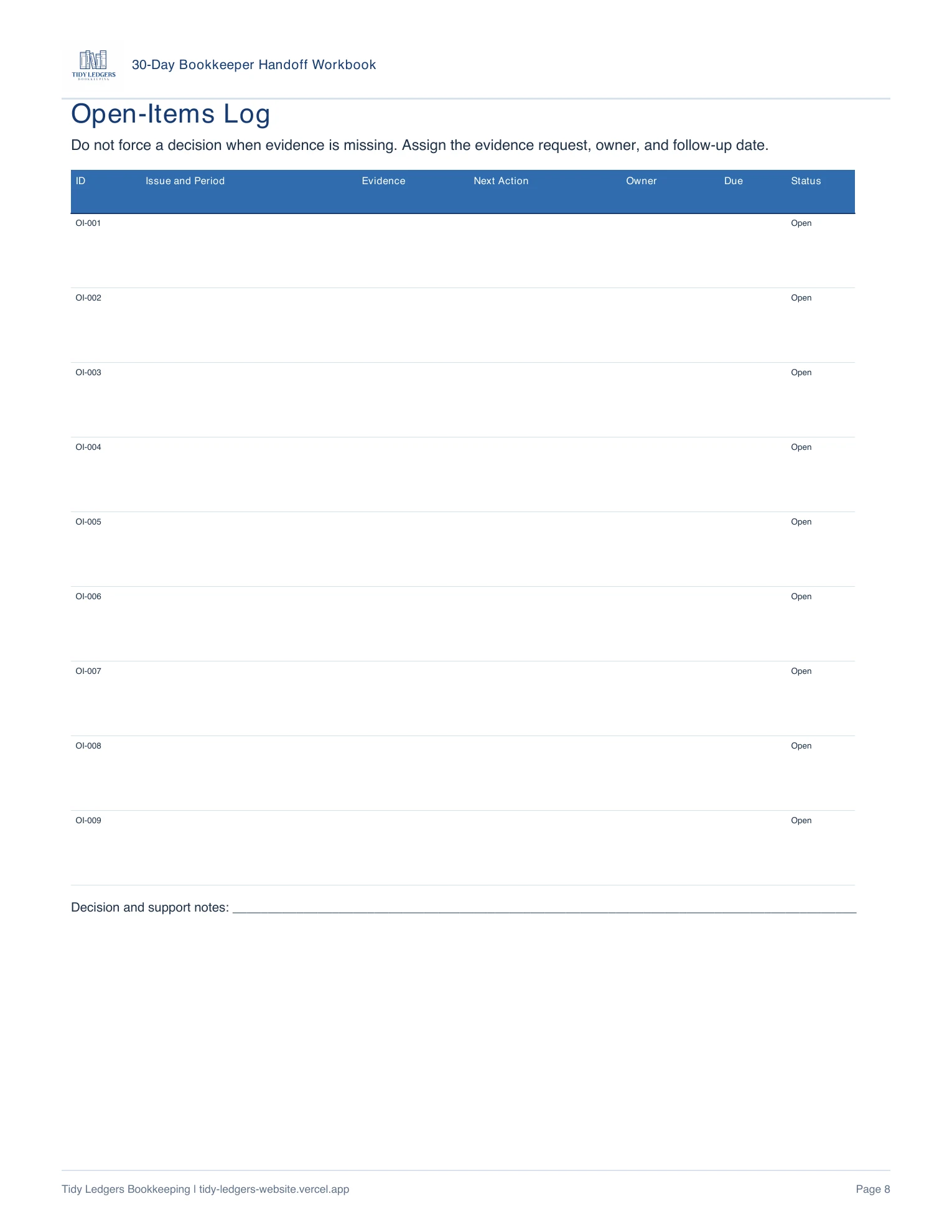 Page 8 of the 30-Day Bookkeeper Handoff Workbook PDF