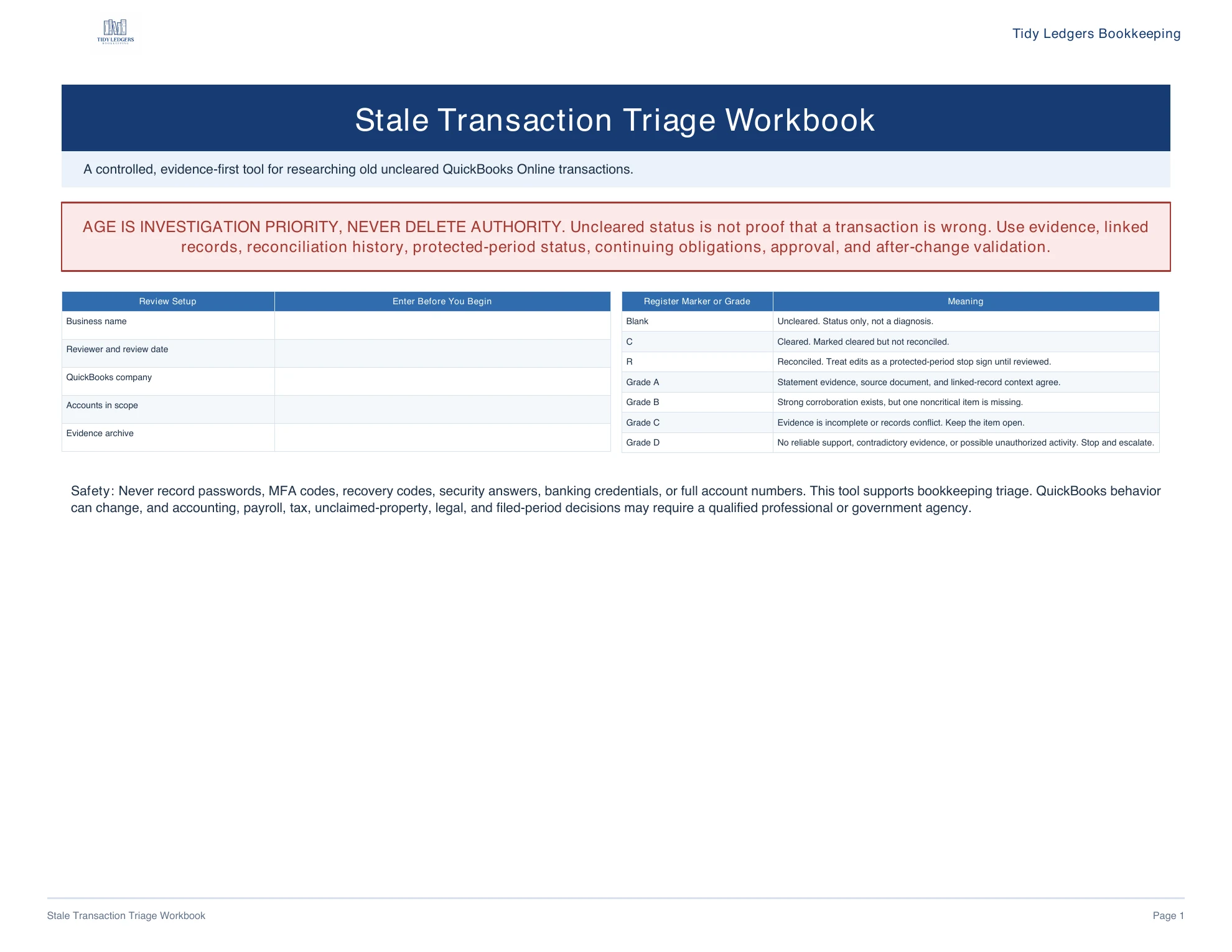 Page 1 of the Stale Transaction Triage Workbook PDF