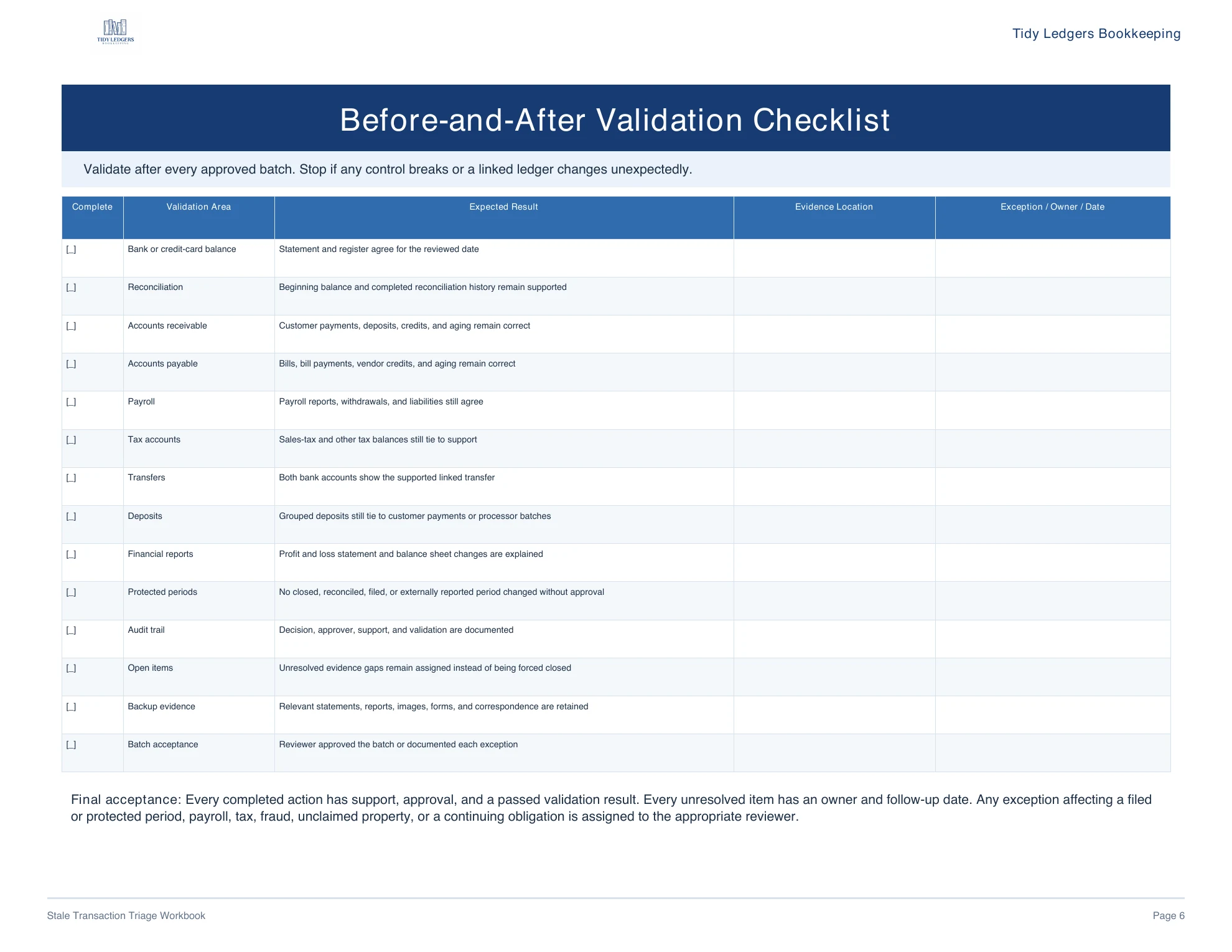Page 6 of the Stale Transaction Triage Workbook PDF