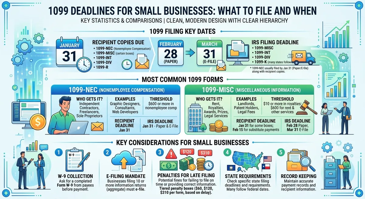 1099 filing overview comparing common forms, deadlines, e-filing, recordkeeping, and late-filing considerations