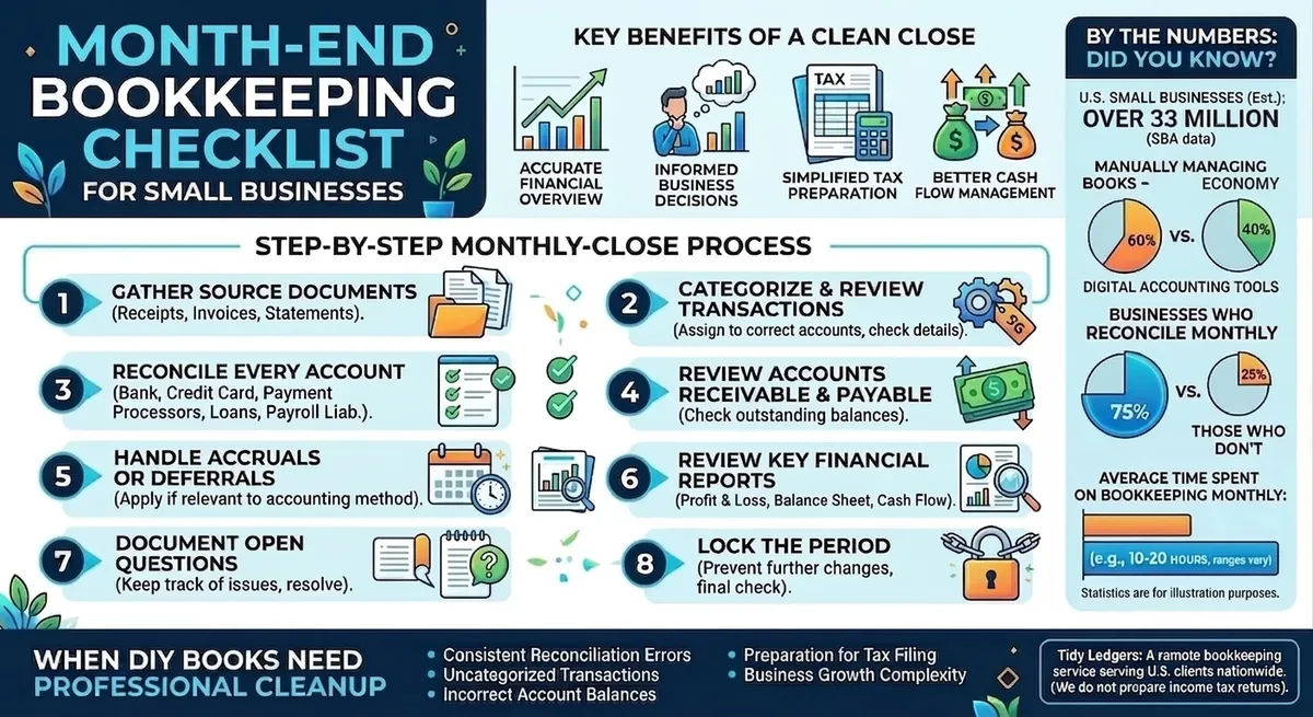 Month-end bookkeeping checklist infographic showing the eight core steps in a monthly close