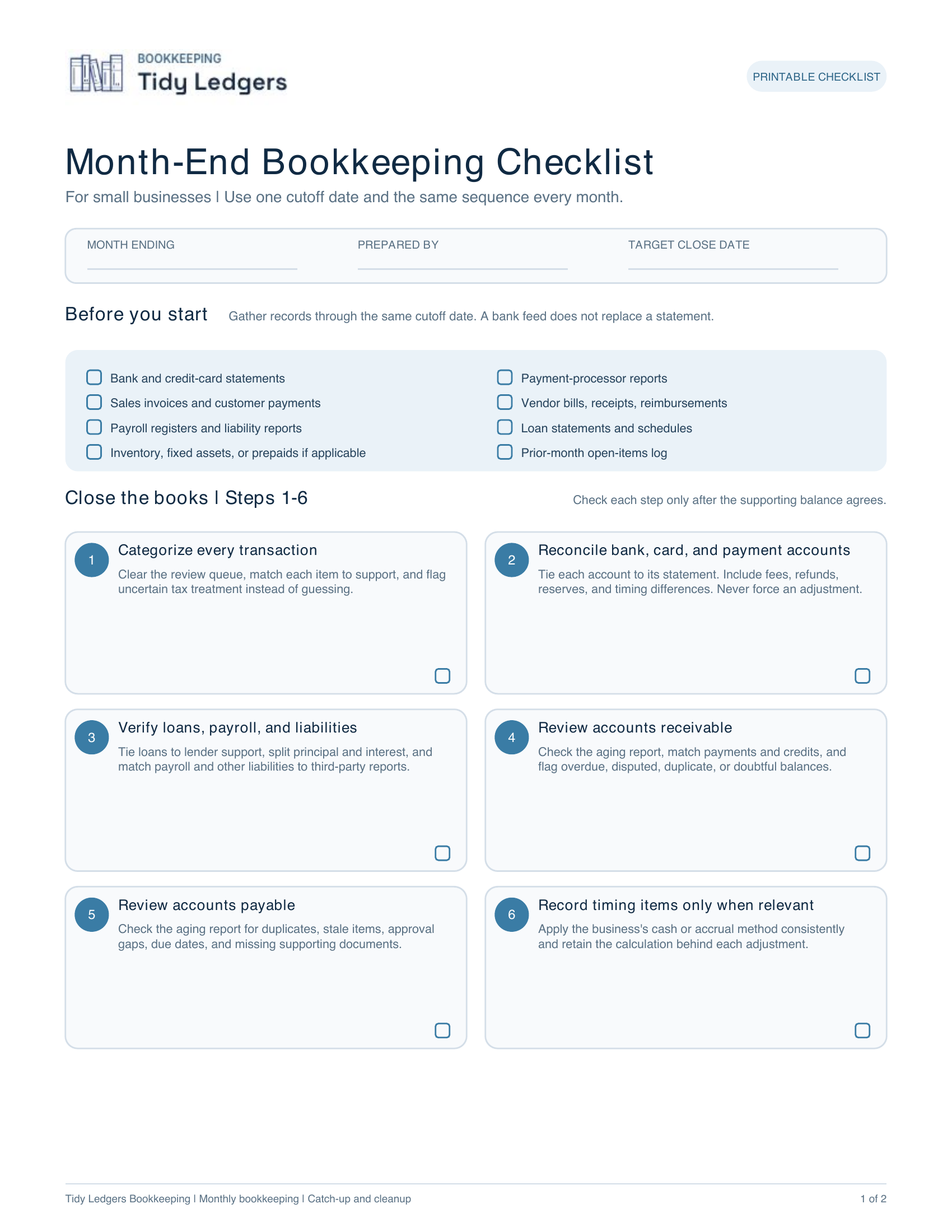Month-end bookkeeping checklist, page 1 of 2