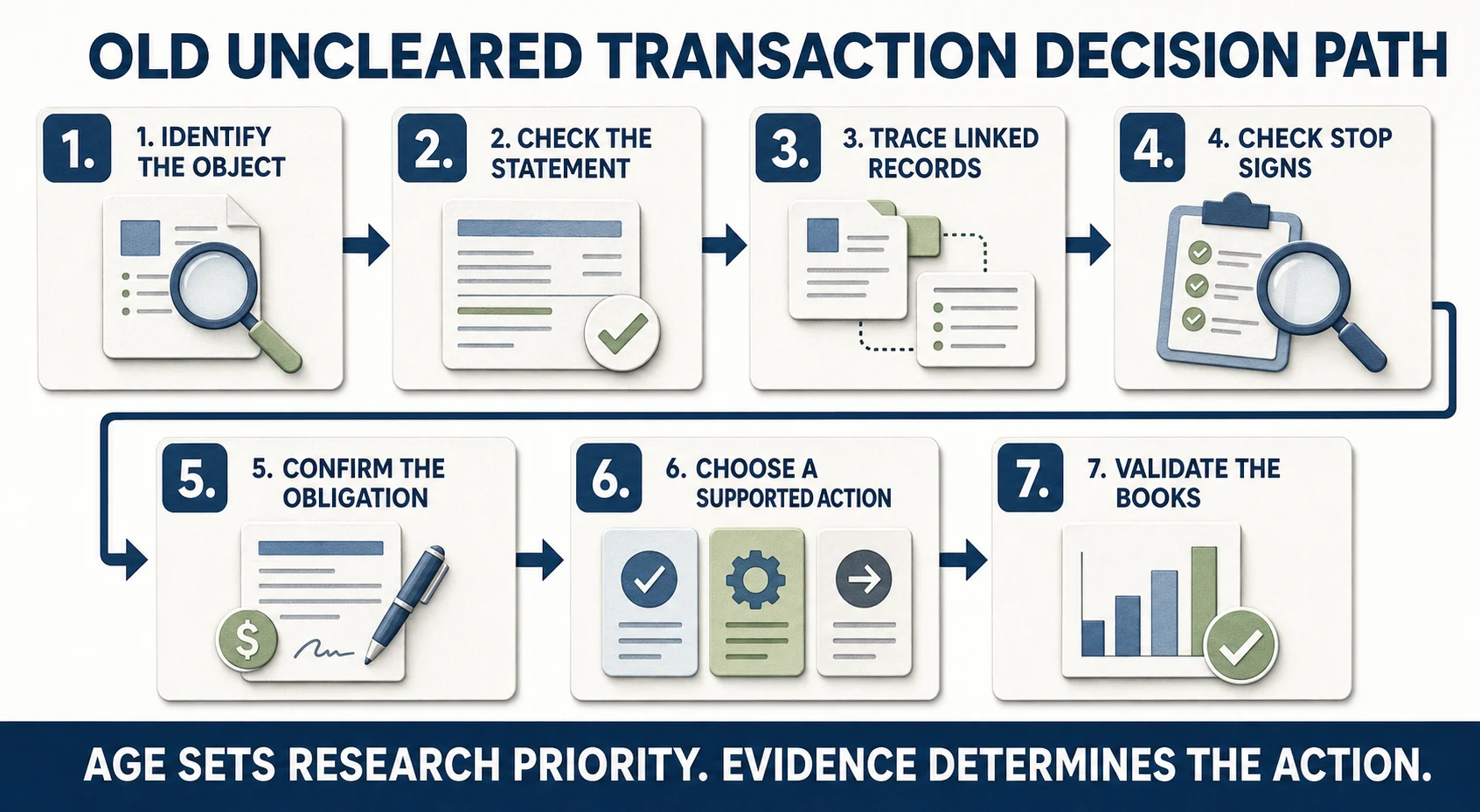 Seven-stage decision path for researching and resolving an old uncleared transaction