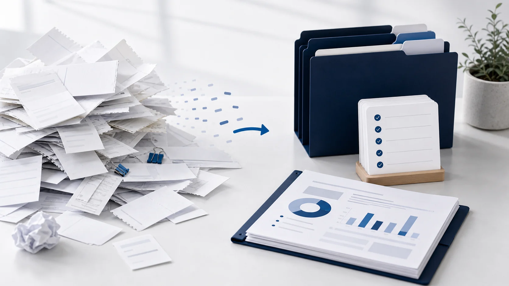 Loose receipts and papers being organized into folders with a clean report packet nearby
