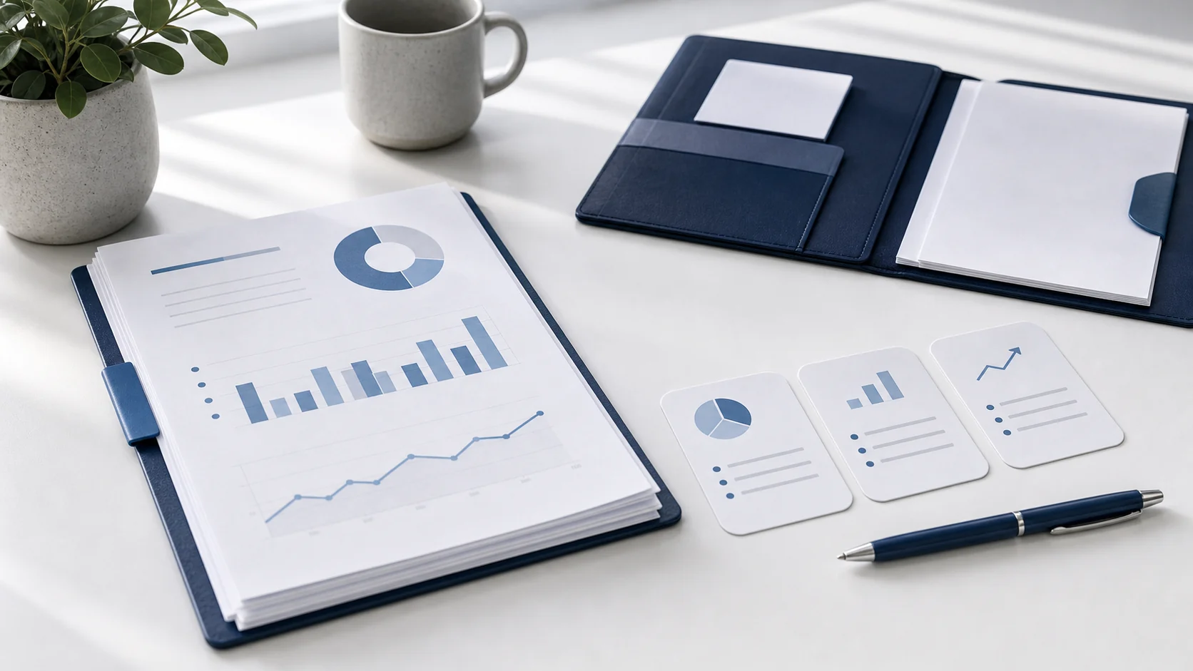 Financial reporting packet with charts, owner summary cards, and a clean ledger folder